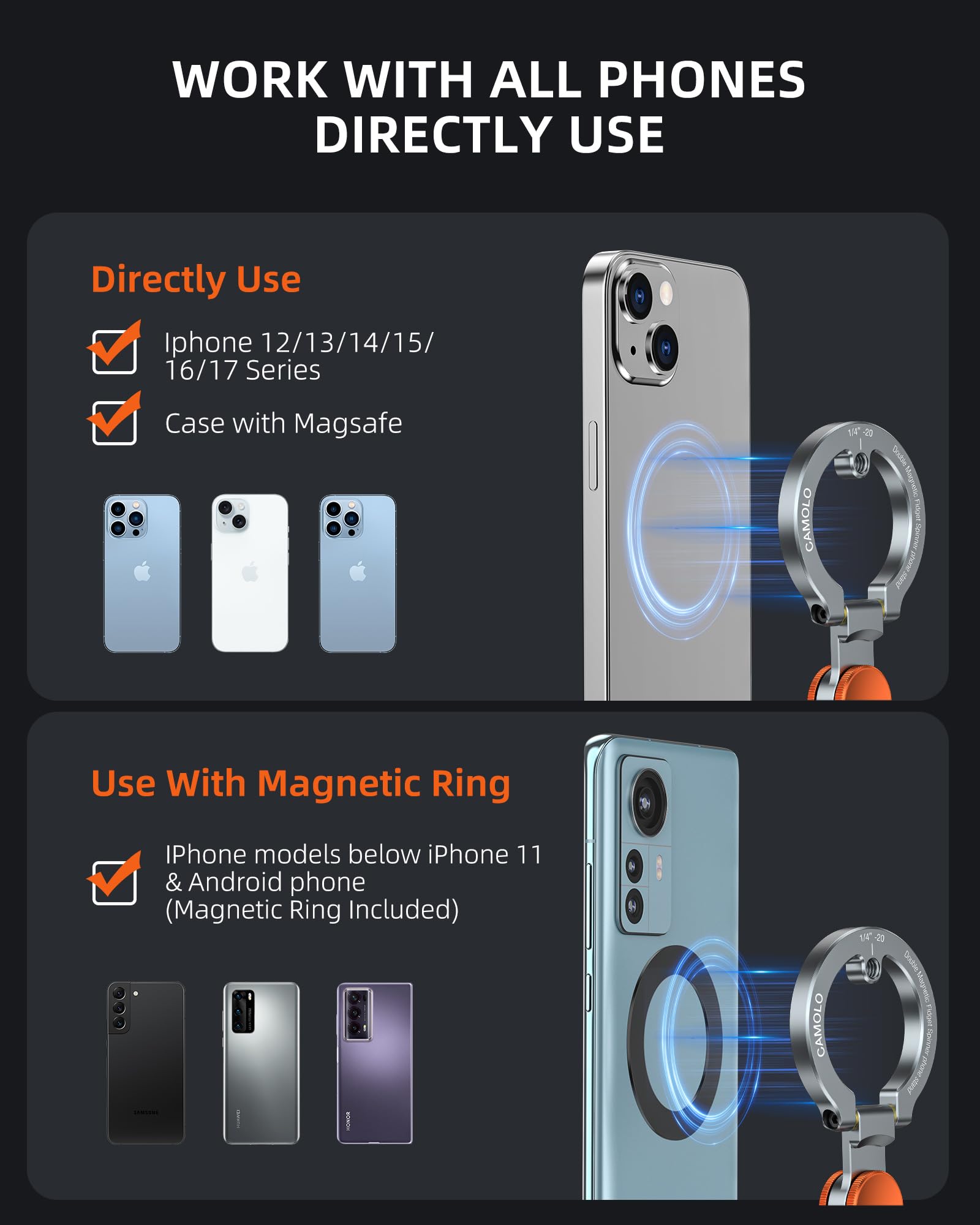 Supporto magnetico per telefono con fidget spinner, supporto a doppio anello laterale, si attacca a qualsiasi superficie di ferro, foro per vite da 1/4", compatibile con iPhone 17/16/15/14/13/12 Pro