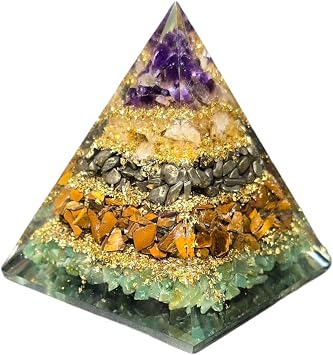Chakra Healing Orgone Pyramid, Amethyst Crystal with Tigers Eye and Green Aventurine, Gold Flakes, 4-Layer Design