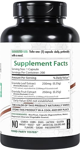 Miniatura 10 de Healthfare Graviola Cápsulas Extracto de Hoja y Fruta 5000 mg  200 Cápsulas  Refuerzo del sistema inmunológico de ultra alta potencia  Cápsulas de