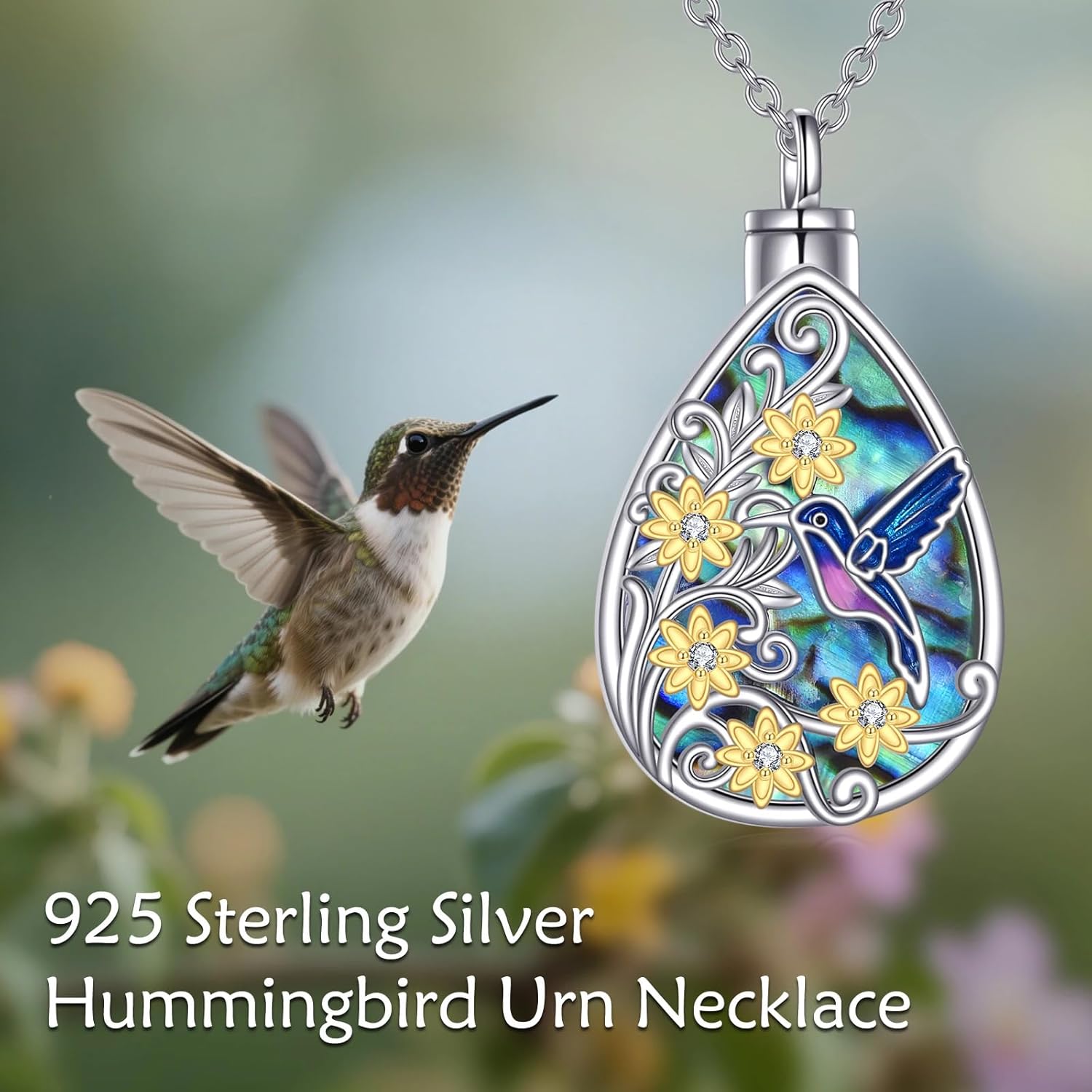 Diamond Hummingbird Butterfly Dragonfly Urn Necklace for Ashes 925 Sterling Silver Animal Urn Holder Pendant Keepsake Cremation with Funnel Filler Memorial Jewelry Gifts for Women Mom Wife,18+2 inch