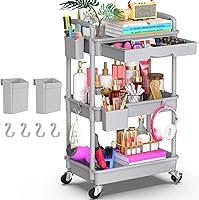 Vista 14 de Goovilla Organizador de carrito utilitario de 3 niveles con cajón extraíble, carritos de almacenamiento rodantes negros estables y resistentes con 2