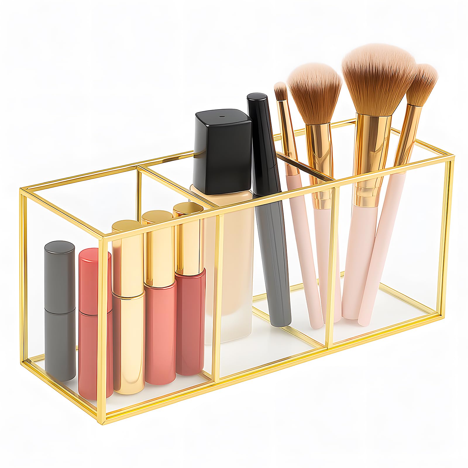 Sunnynest Gold Makeup Brush Holder 3-Compartment Glass And Brass Cosmetic Storage 19.5×7×9Cm Organizer Vintage Make Up Storage Box Makeup Brush Organiser For Brushes Eyeliner Pen Lipstick