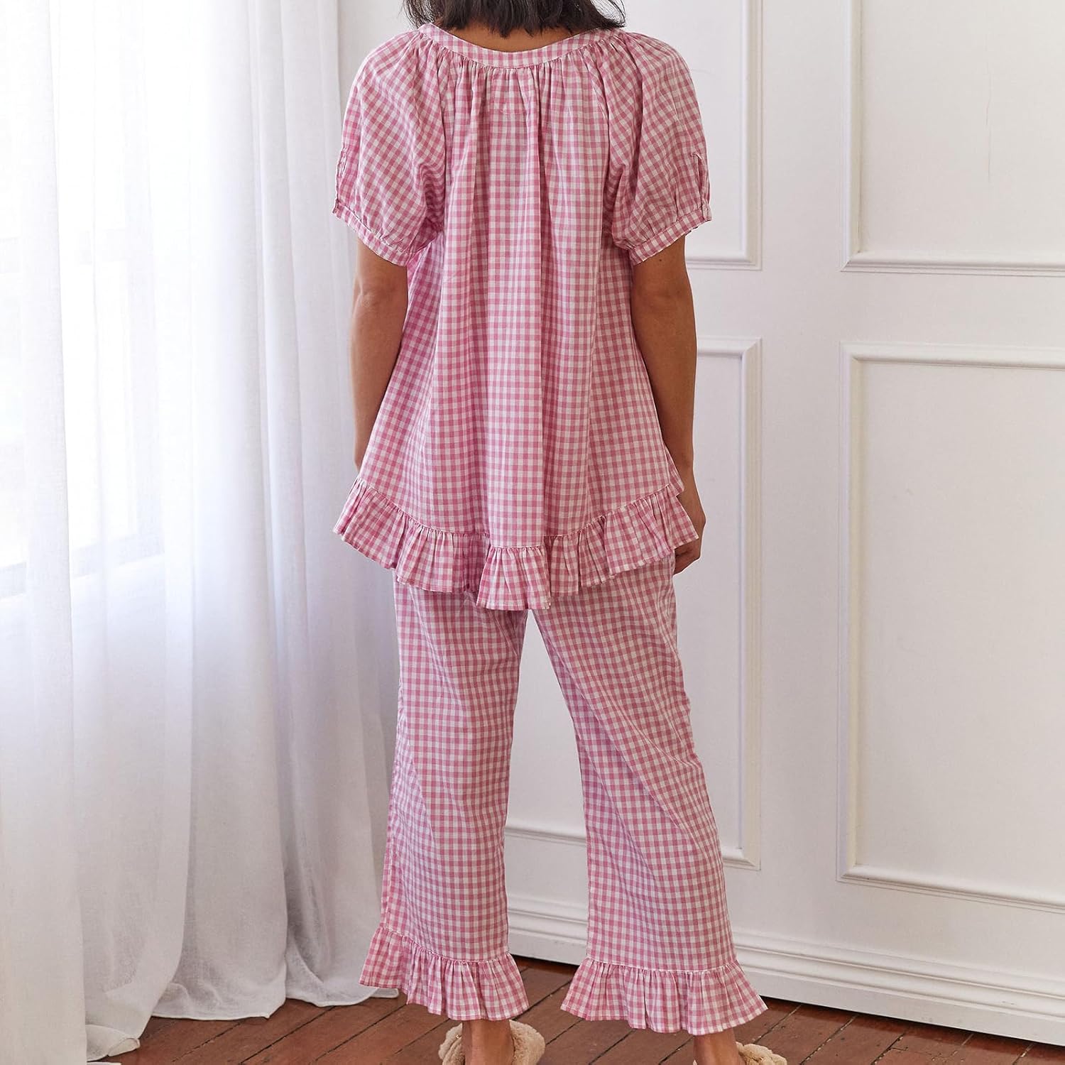 Argeousgor Women Plaid Pajama Sets 2 Piece Outfits Short Sleeve Button Down Shirt Ruffle Pants Pjs Lounge Set - Image 2