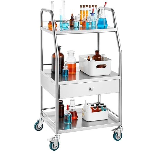 VEVOR Stainless Steel Utility Cart with 3 Shelves & 1 Drawer, 360 Swivel Casters, 220lbs Capacity