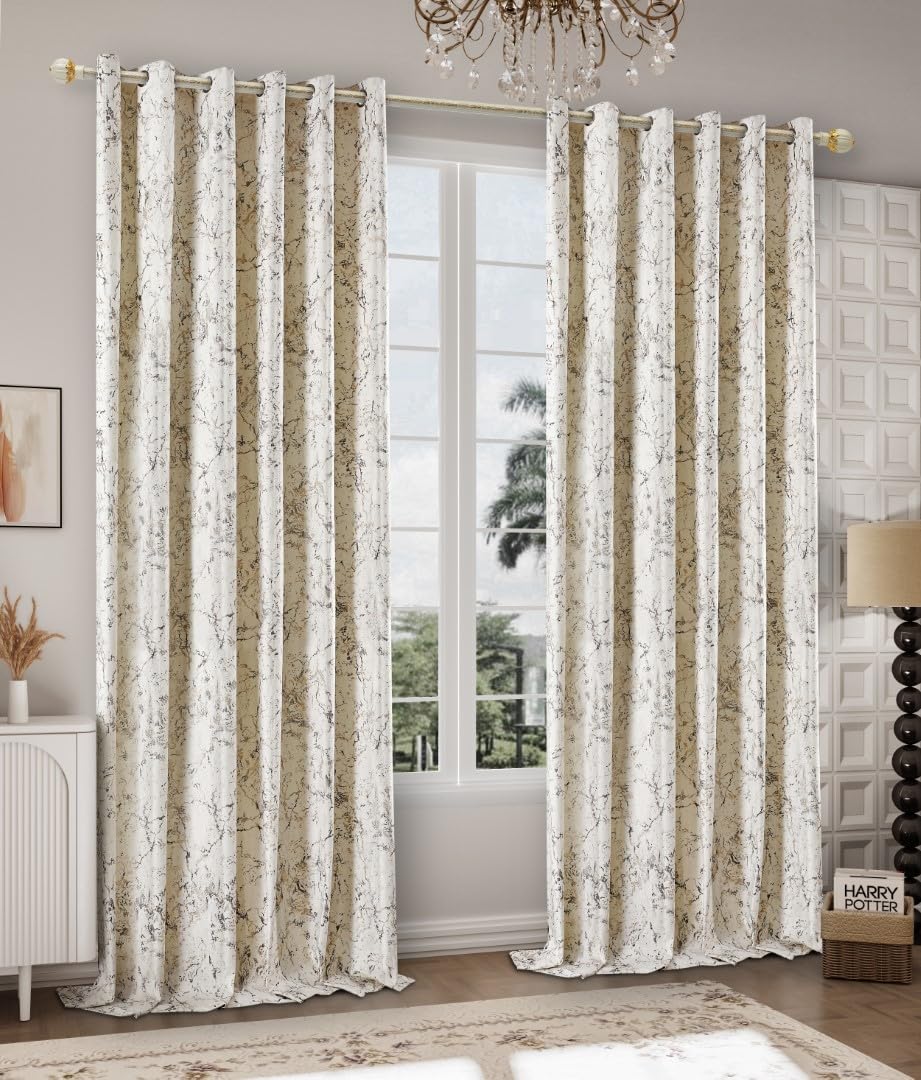 PRIME LINENS Velvet Eyelet Curtains for Bedroom Living Room Super Soft Glitzy Velvet with Metallic Print Ring Top Window Curtain Pair Panel (Glitzy Cream, W 66" X L 90")