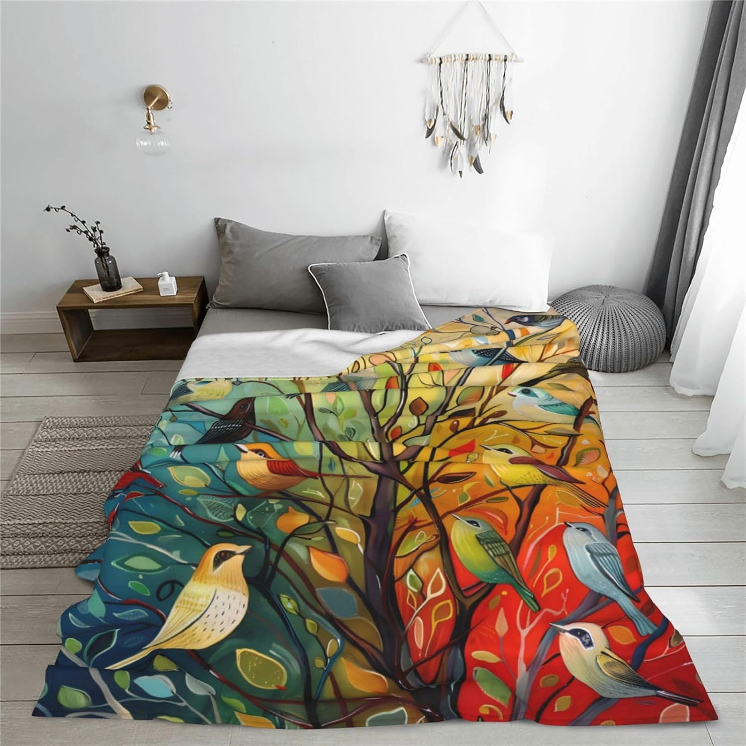 Colorful Birds Blanket Bird Tree Decor Throw Blanket Bird Blanket Gifts for Girls Boys Bird Lover Super Warm Soft Plush Lightweight Fleece Flannel Blanket Bedding Blanket for Kids Adults Women 80"X60"