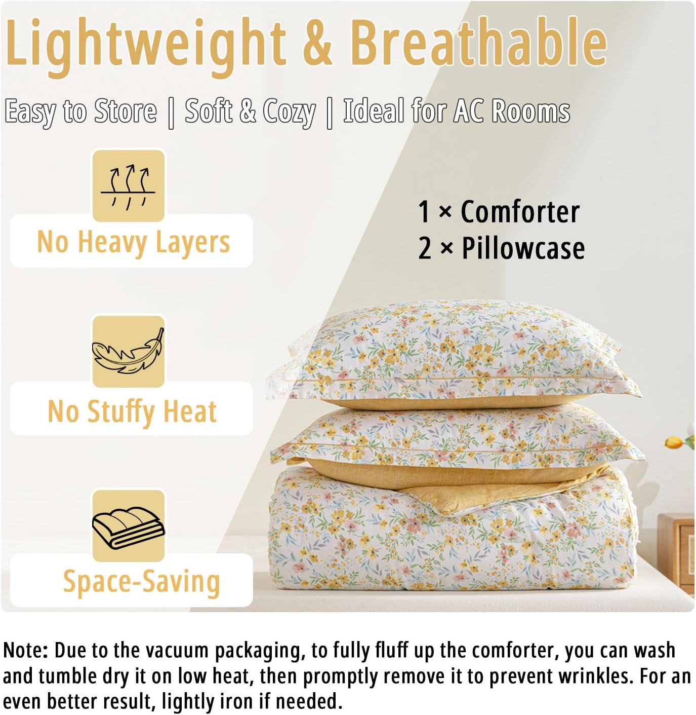 Natural Cotton 3pcs Floral Comforter Sets Queen Size-Yellow Comforter with Pink & Yellow Flowers and Blue & Green Leaves on White, Reversible Lightweight Bedding Sets(Queen 90"×90") - Image 7