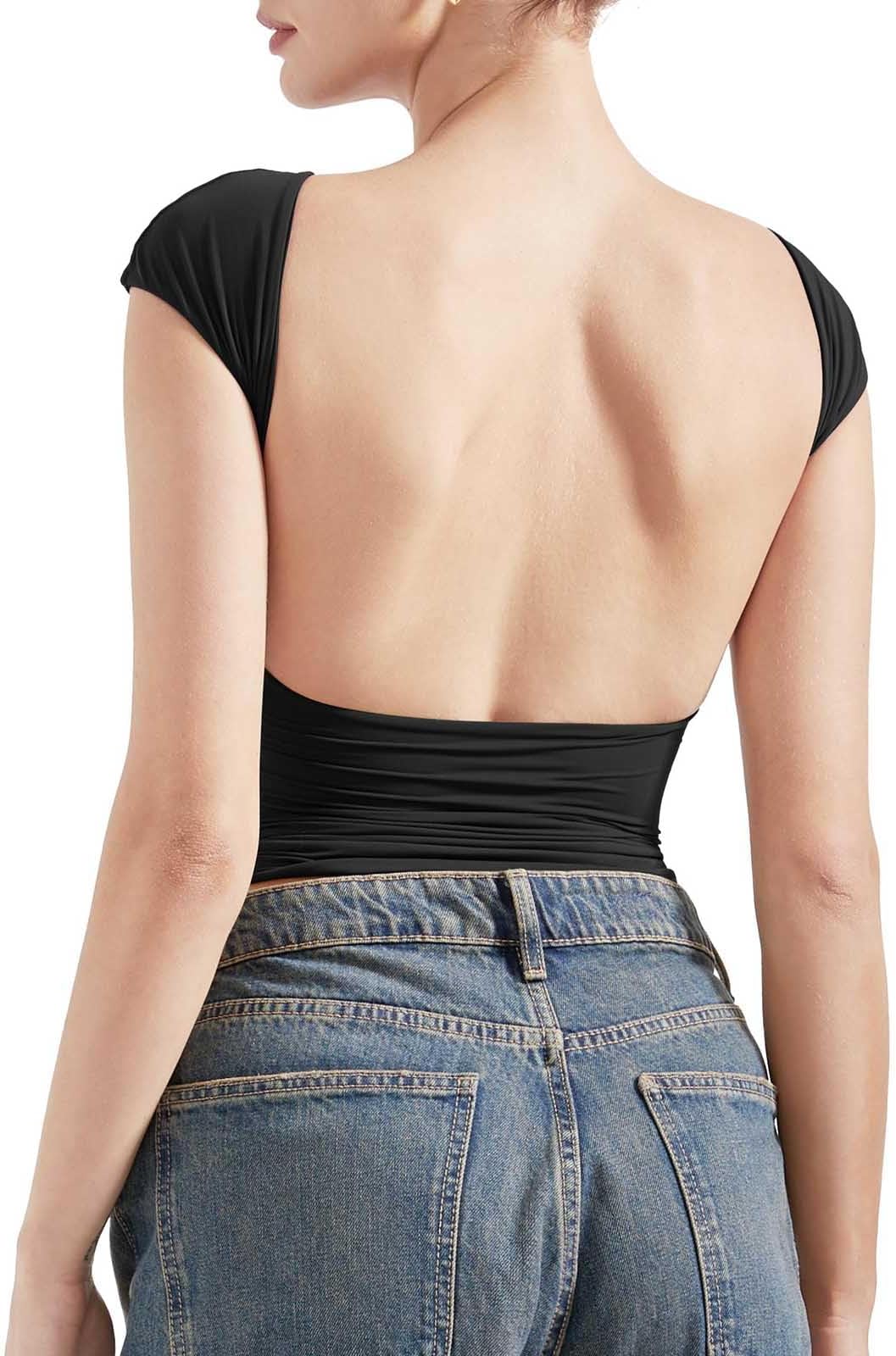 Women Backless Sexy Going Out Tops Double Lined Open Back Y2k Basic Tee Shirts