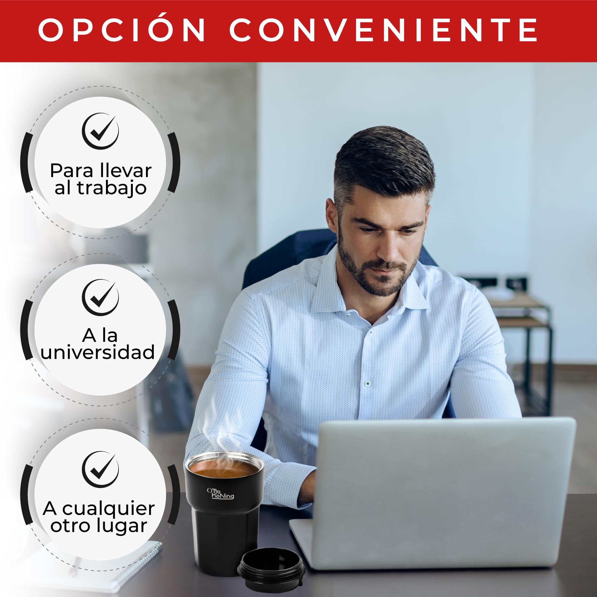 Otto Koning Termo Café 350ml. Taza de Café 100% a Prueba de Fugas, de Acero Inox sin BPA. Vaso Termo Café para llevar, Vaso Térmico para café, agua, té caliente y frío — view 4