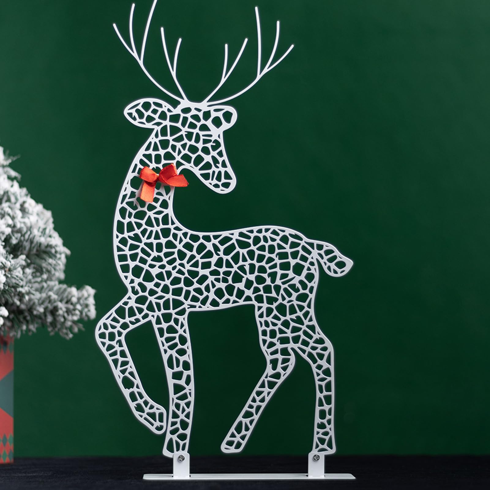 Beleuchtete Weihnachtsdekoration Hirsch, LED-Rentier-Familienset, warmweißes 3D-Rentier aus Eisen mit roten Schleifen und Glocken, Tischdekoration für drinnen und draußen, (Leuchtender Hirsch ‑01)