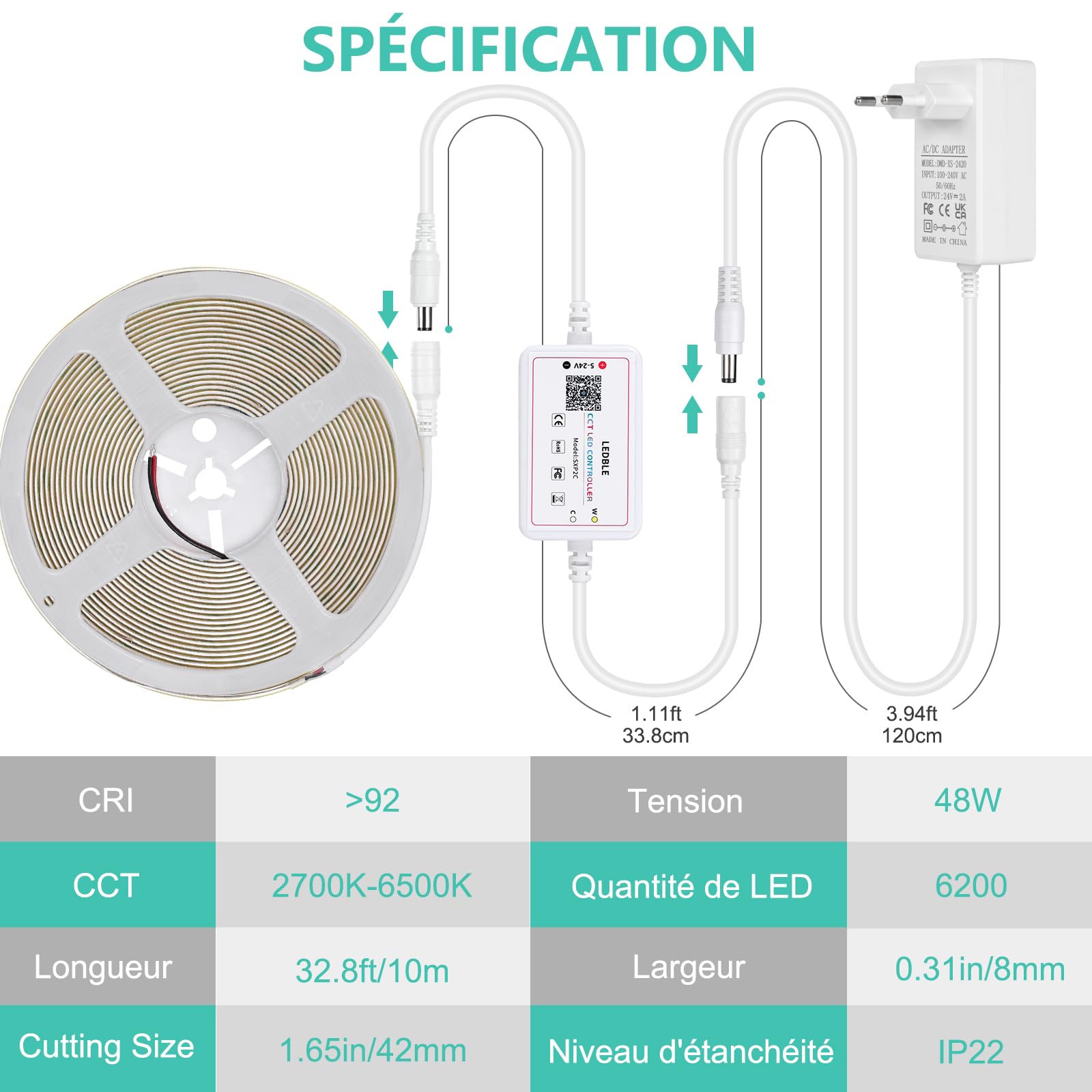 Wefomey 10M COB Striscia LED Striscia LED Bianco Caldo 2700K-6500K CRI>92 Alta Luminosità 24V Dimmerabile con Telecomando e Alimentazione, Per Casa Camera Da Letto Miroi Decorare