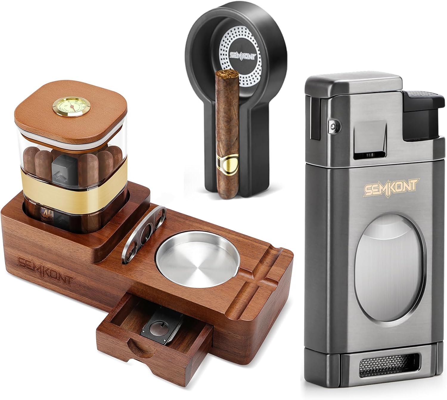 Cigar Humidor and Cigar Ashtray Set,Wooden Ashtray with Cigar Jar Tray, Triple Jet Flame Cigar Lighter with Cigar Cutter,Windproof Butane Refillable Torch Lighters