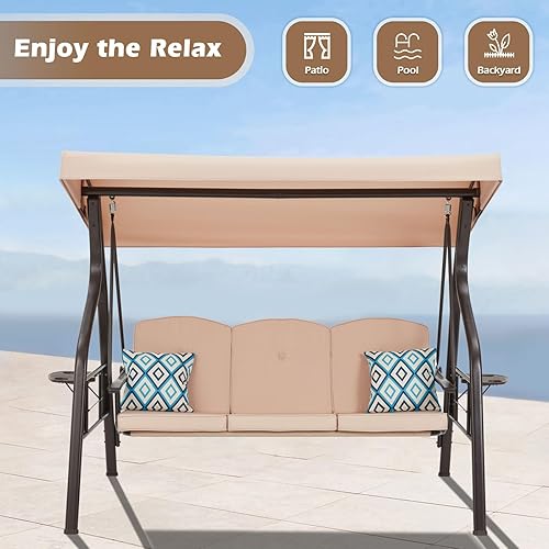 Miniatura 6 de Columpio de porche al aire libre de 3 asientos con soporte, columpio de patio con toldo, cama columpio de porche 2 en 1 y silla de columpio de patio