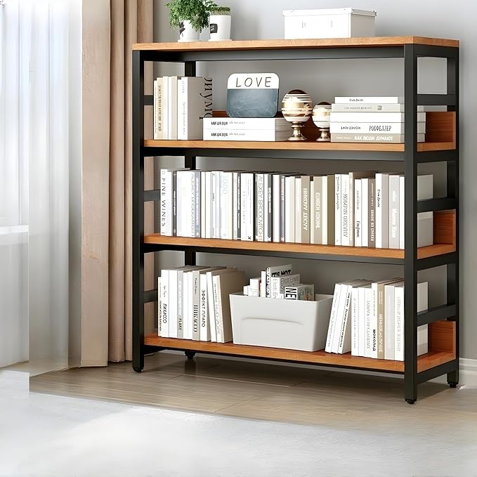 Amazon.com: LITFAD Modern Storage Rack Oak Metal Bookcase Open Back ...