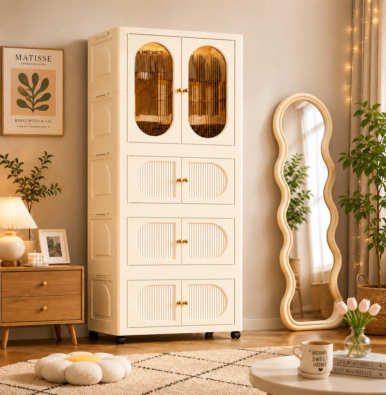 EXVITO Modular Plastic Wardrobe for Bedroom | 1 Tier+3 Bins Foldable Cupboard with Hanging Rod | Stackable Storage Almirah for Clothes with Wheels | Multi-Layer Plastic Storage Cabinet- (Off-White)
