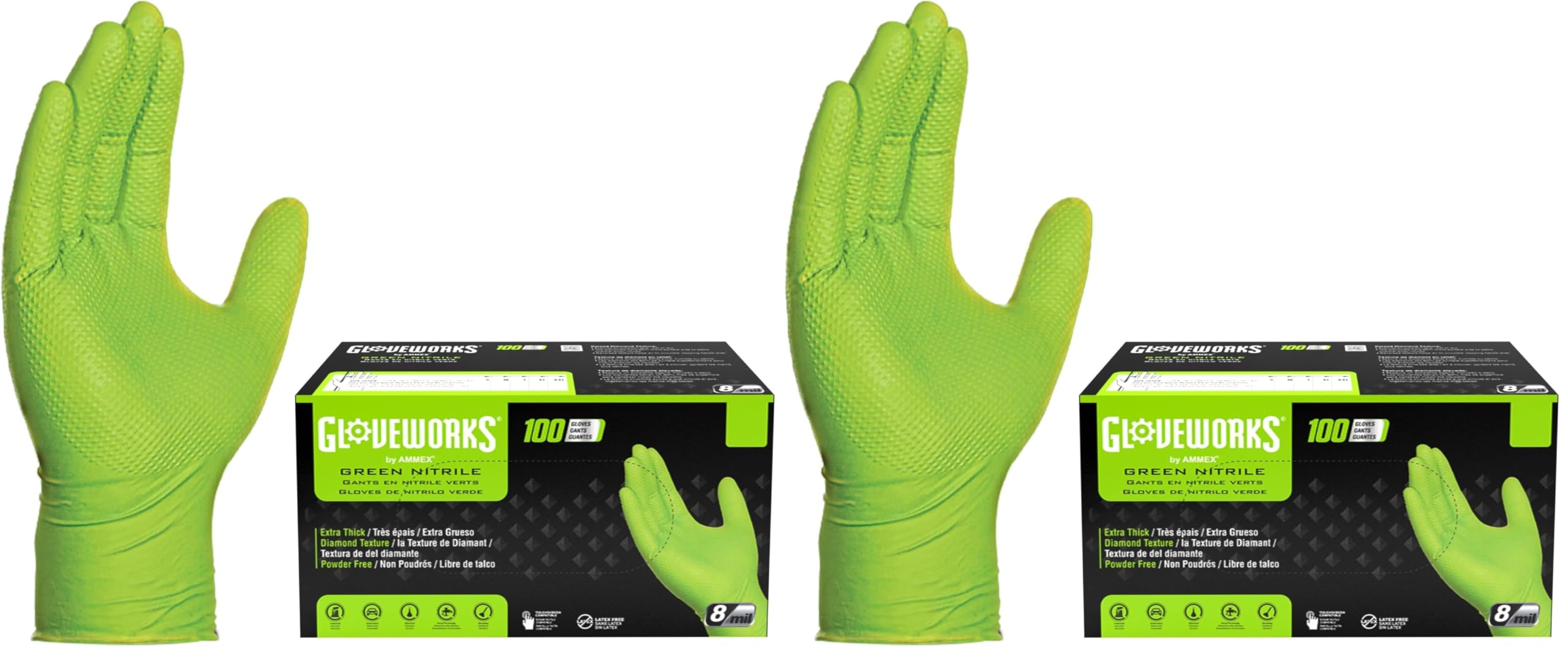 GLOVEWORKS HD Green Gloves, 8 Mil Nitrile Disposable Heavy Duty Raised Diamond Grip Mechanic Glove, Bulk Purchasing Options
