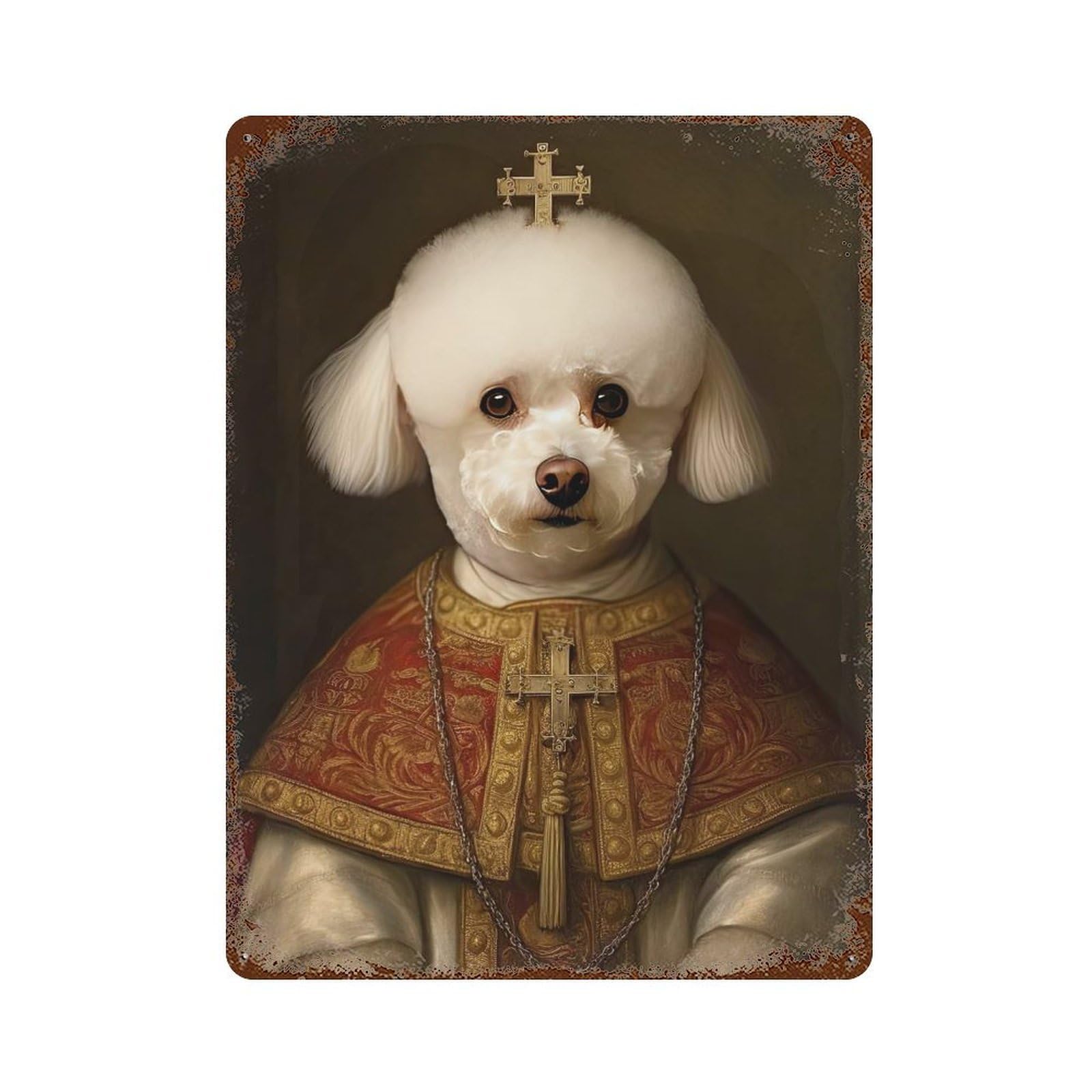 Rust Effect Bichon Frise The Pope Weathered Tin Sign 15.7"x11.8", Shabby Chic Decor for Cafe, Home Bar And Lounge Decor