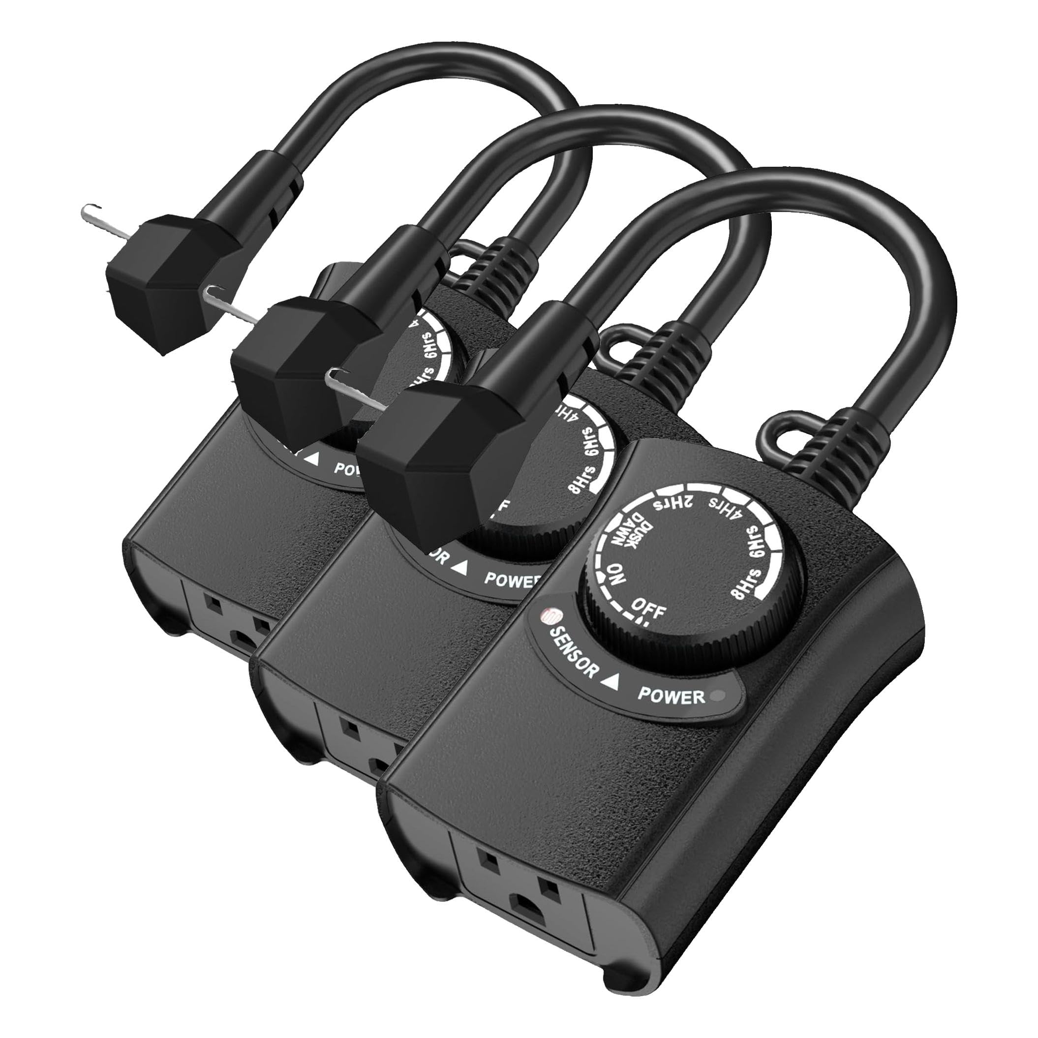 HBN Outdoor Light Timer Waterproof, Weatherproof Photocell Dusk to Dawn Light Sensor,2/4/6/8 Countdown Timer, 1 Grounded Outlet for Christmas Lights，Hallowen Deceration，1875W 15A 1/2HP (Pack of 3)