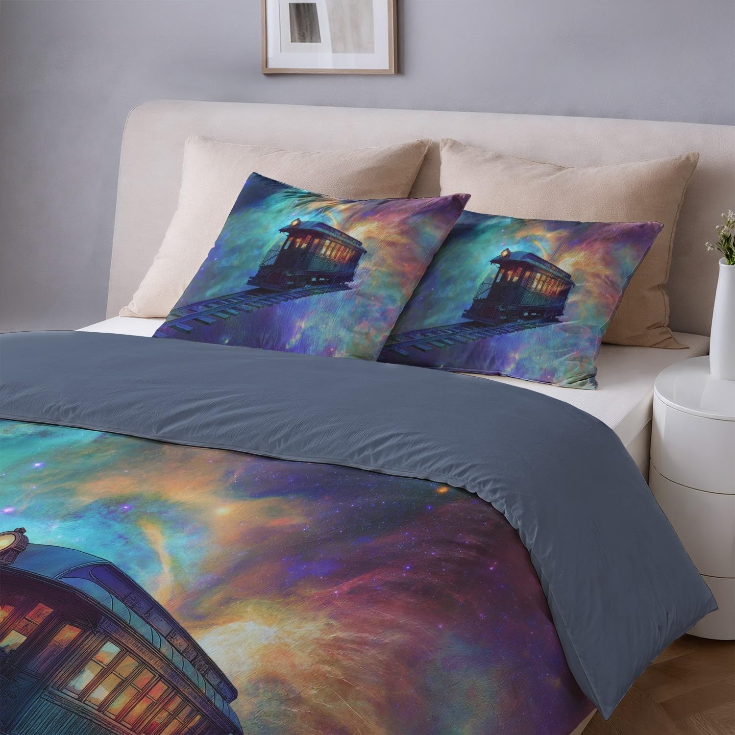 Générique Wielokolorowa fantazyjna poszwa na kołdrę, zestaw pościeli z pociągiem kosmicznym anime 220 x 260 cm z zamkiem błyskawicznym 2 poszewki na poduszki 65x65cm Miękka oddychająca mikrofibra