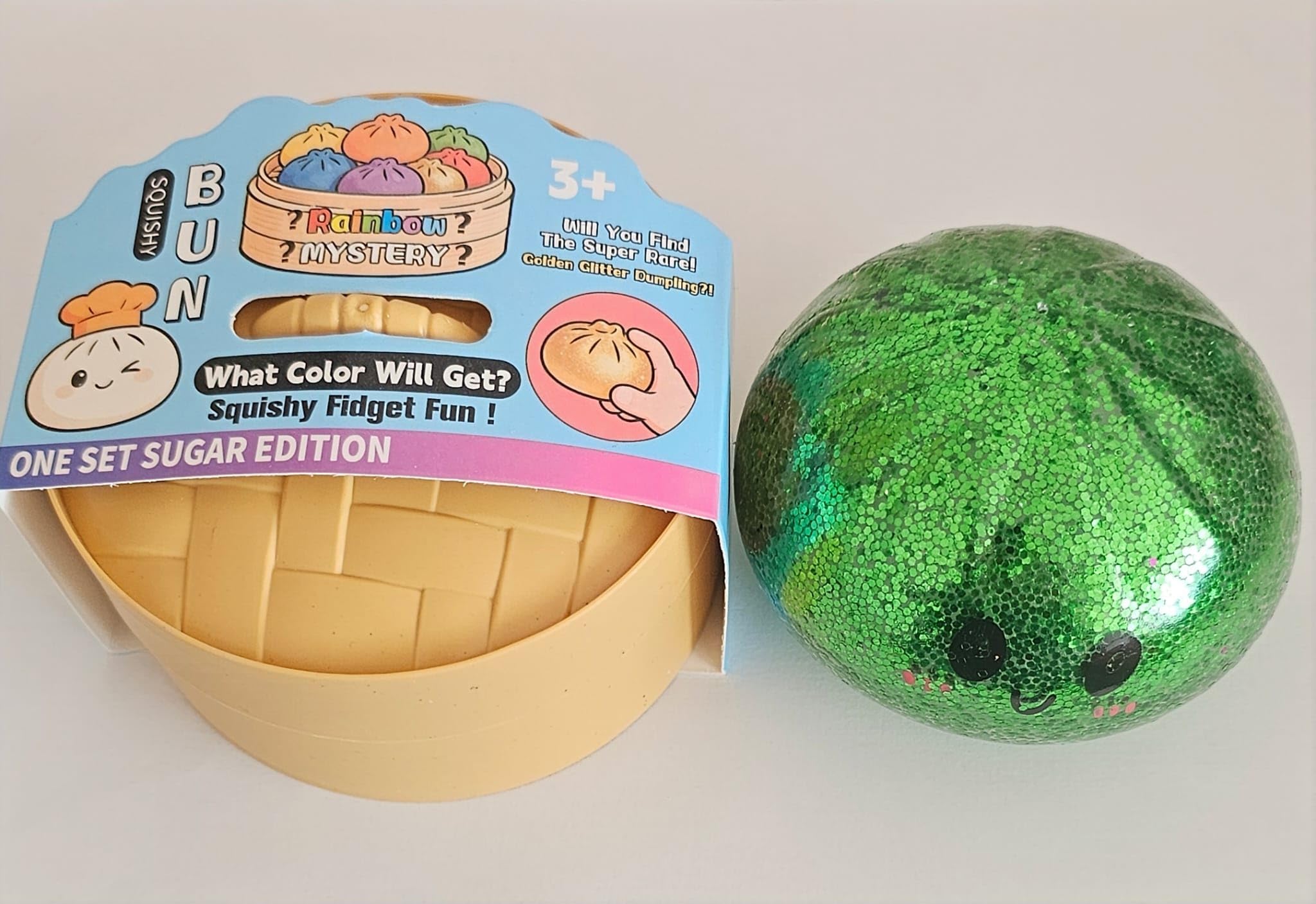 Squeezy dumpling with Steamer Box, Mystery Squishy Dumpling Stress Ball, Colorful, Soft Dough for Anxiety Relief, Decompression Desk Toys for Kids & Adults (Green + Glitter)
