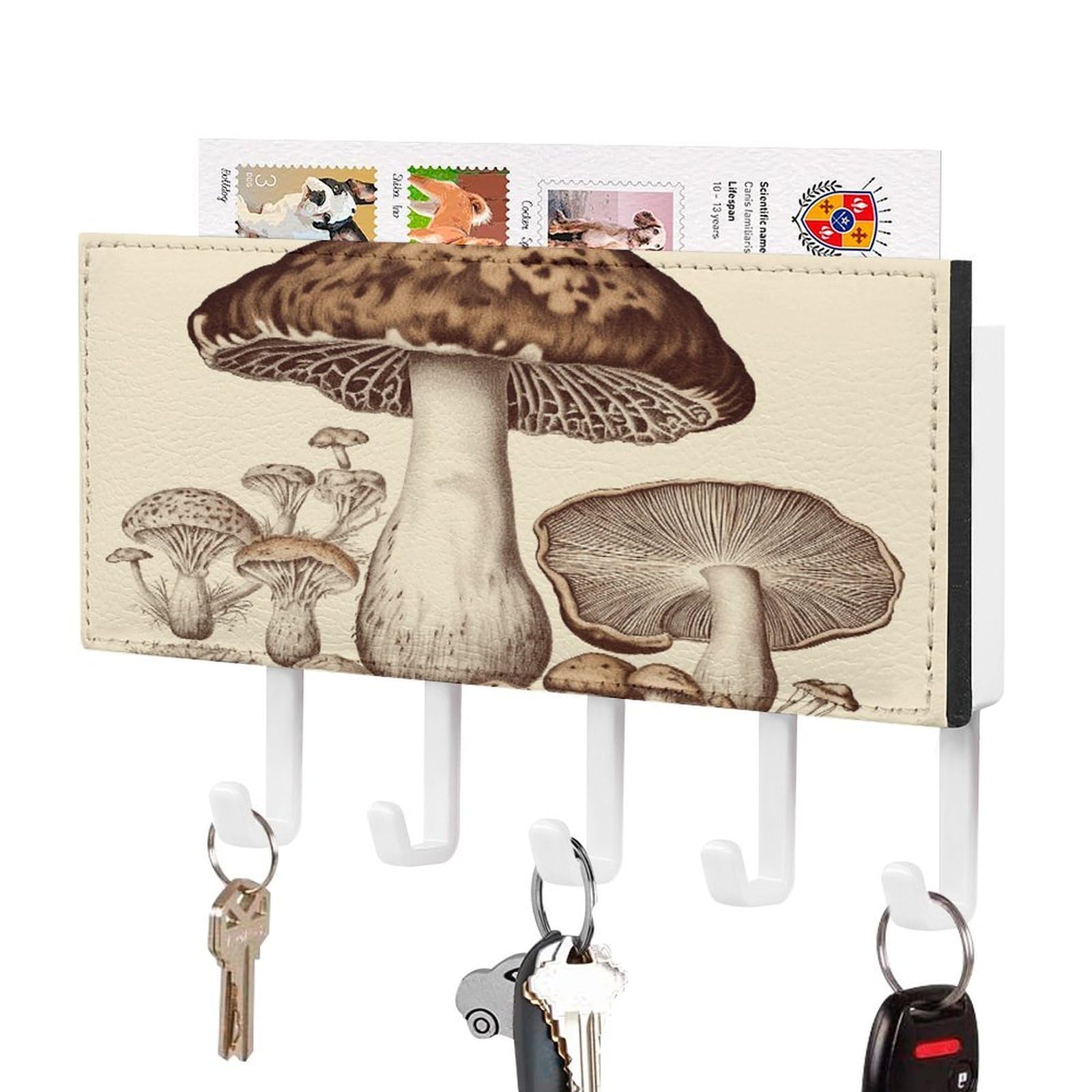 Ldgsuph White-Style Vintage Mushrooms Drawing Key Holder Wall Mount Key Hanger With 5 Hooks Fashion Key Organizer Rack Hanging Key Hooks With Mail Organizer Key Rack For Home Entryway Hallway