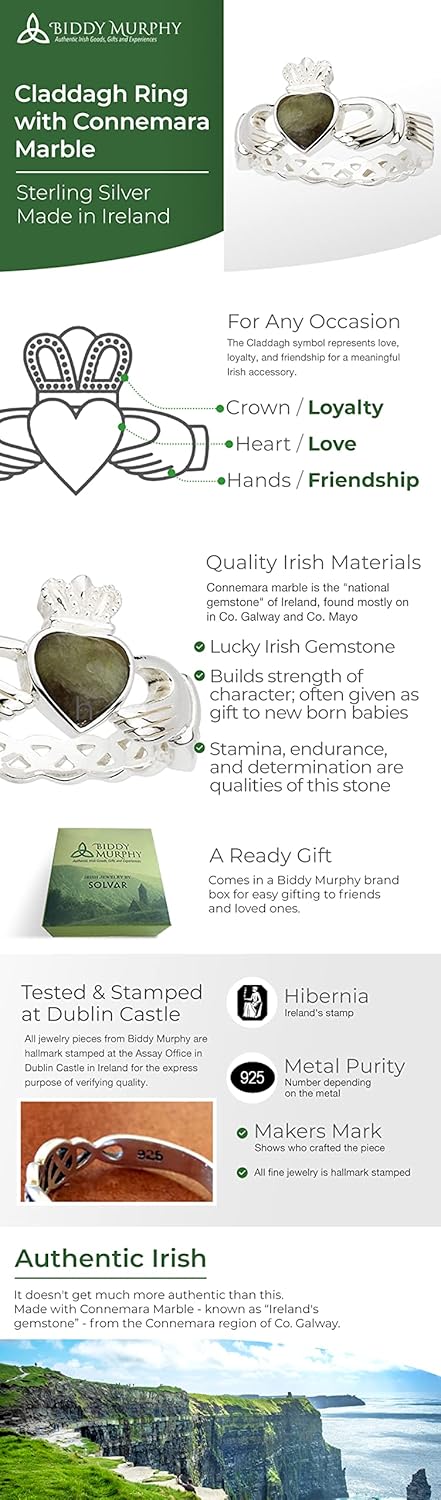 Claddagh Rings For Women Green Gem & Cubic Zirconia Wishbone Band Made in Ireland Irish Claddagh Ring Crafted By Maker-Partner Solvar in Co. Dublin, Ireland