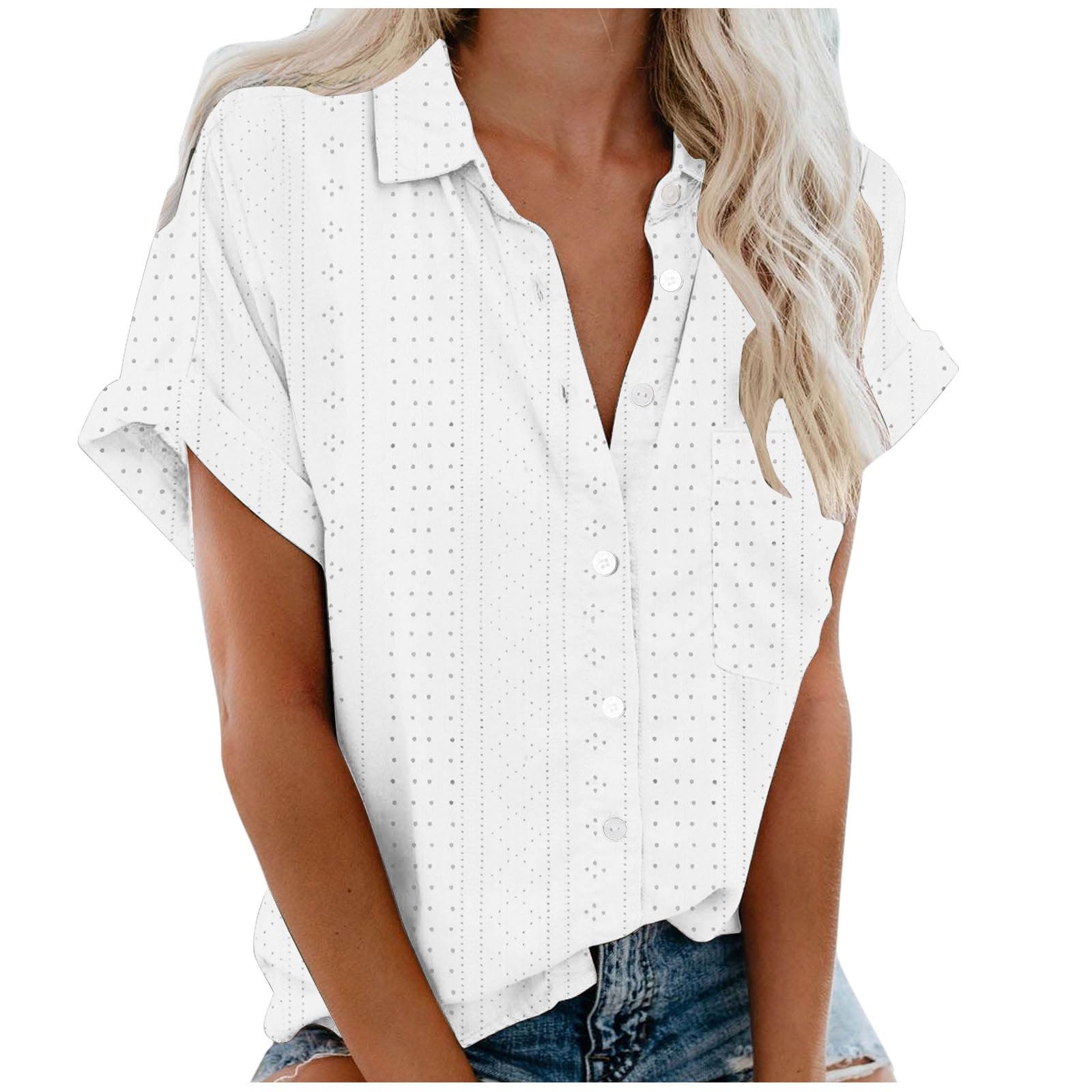 Lemoiitea Camisas de verano para mujer, camisas de solapa a la moda para negocios, elegantes, color sólido, blusas casuales con botones, blusa de manga corta para el trabajo