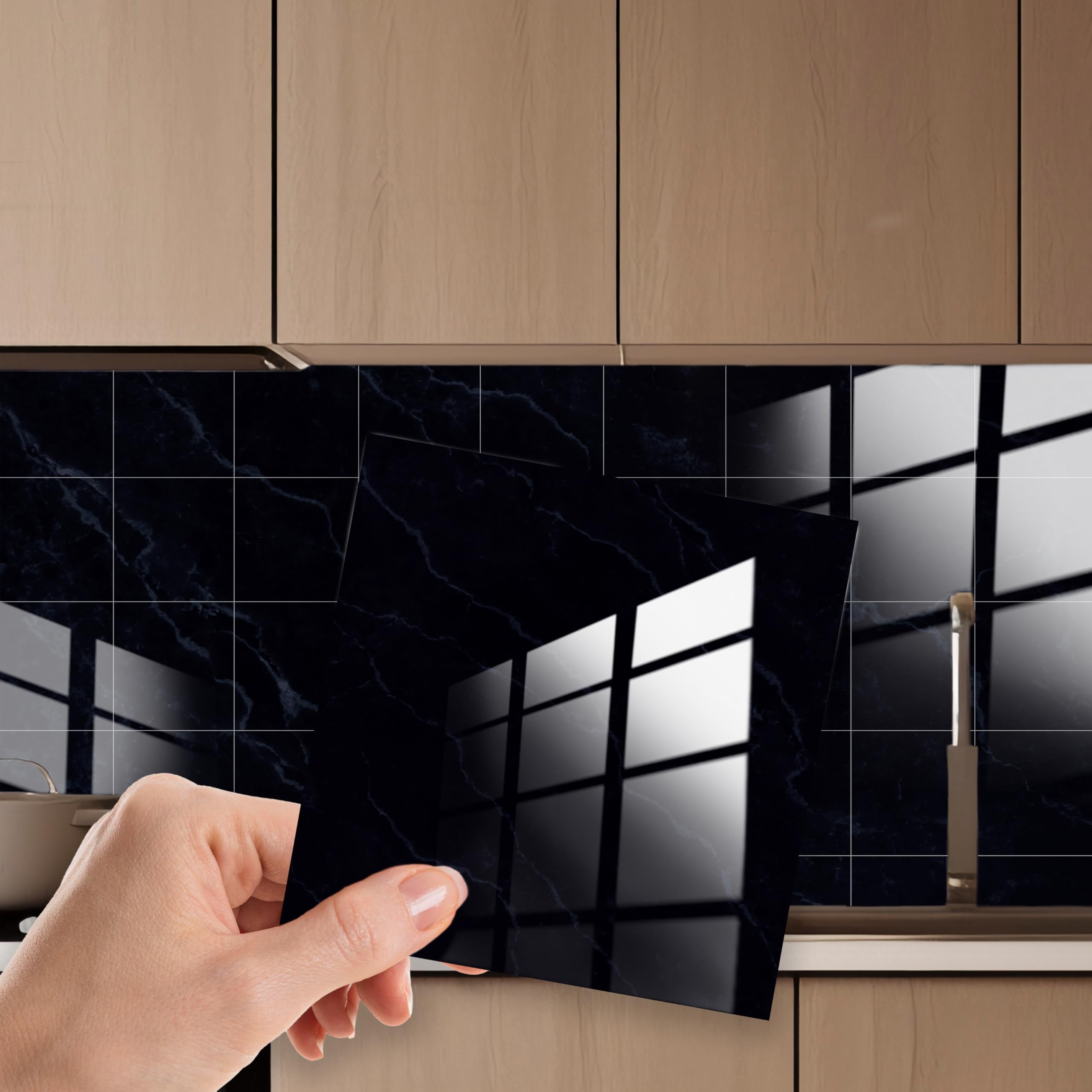 Walplus Black Ink Glossy Ink Black Tile Stickers For Kitchen 15X15cm(6") Removable Self Adhesive Stick On Tiles For Bathroom Peel And Stick Splashbacks Upgrade 24 Pcs