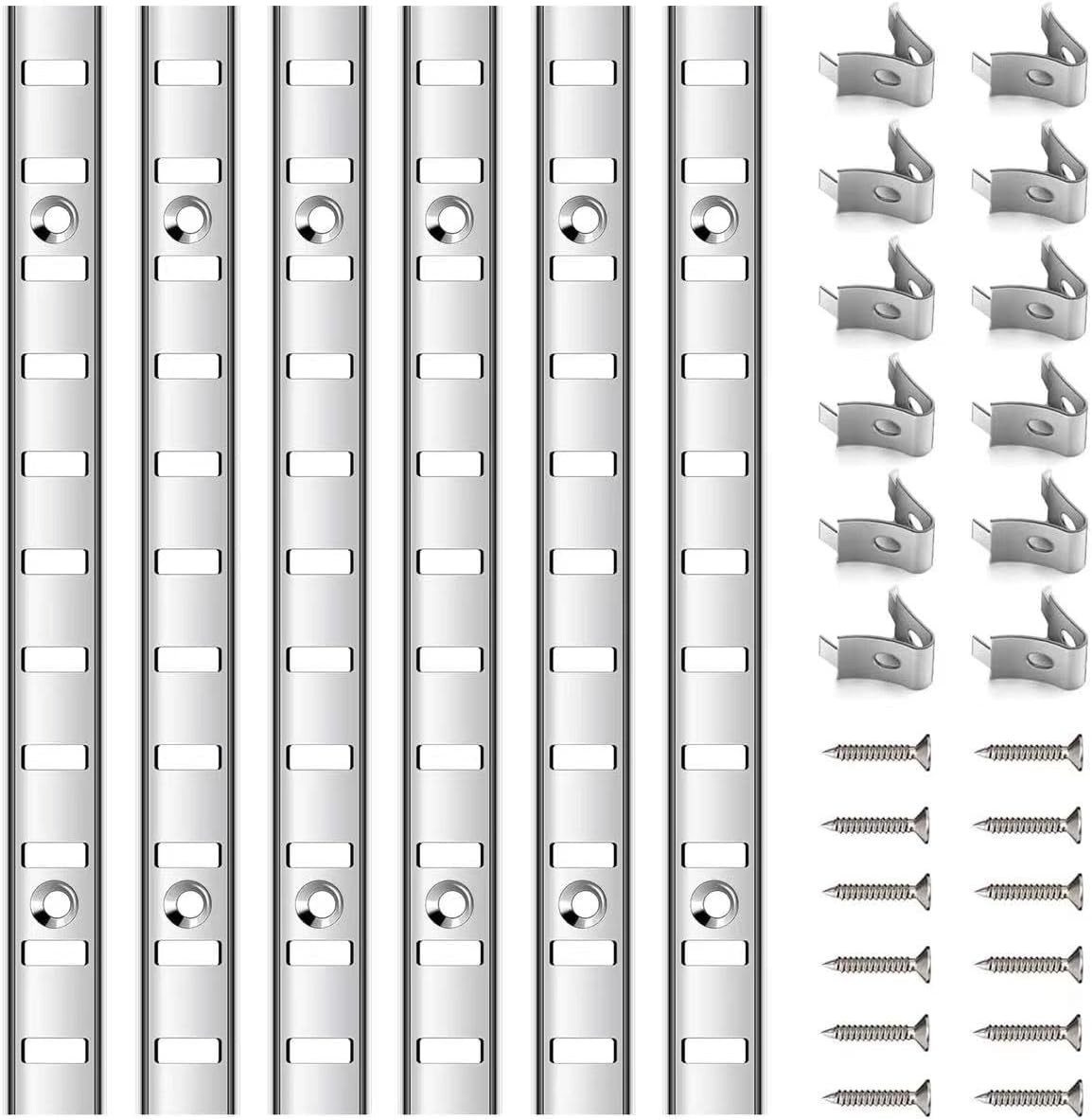 6 Pcs 36 Inch Shelf Pilaster Adjustable Shelf Brackets Stainless Steel Mortise Mount Pilaster Strip Standards with 12 Shelf Clips and Screws for Wall Shelving System Closet Organization Storage