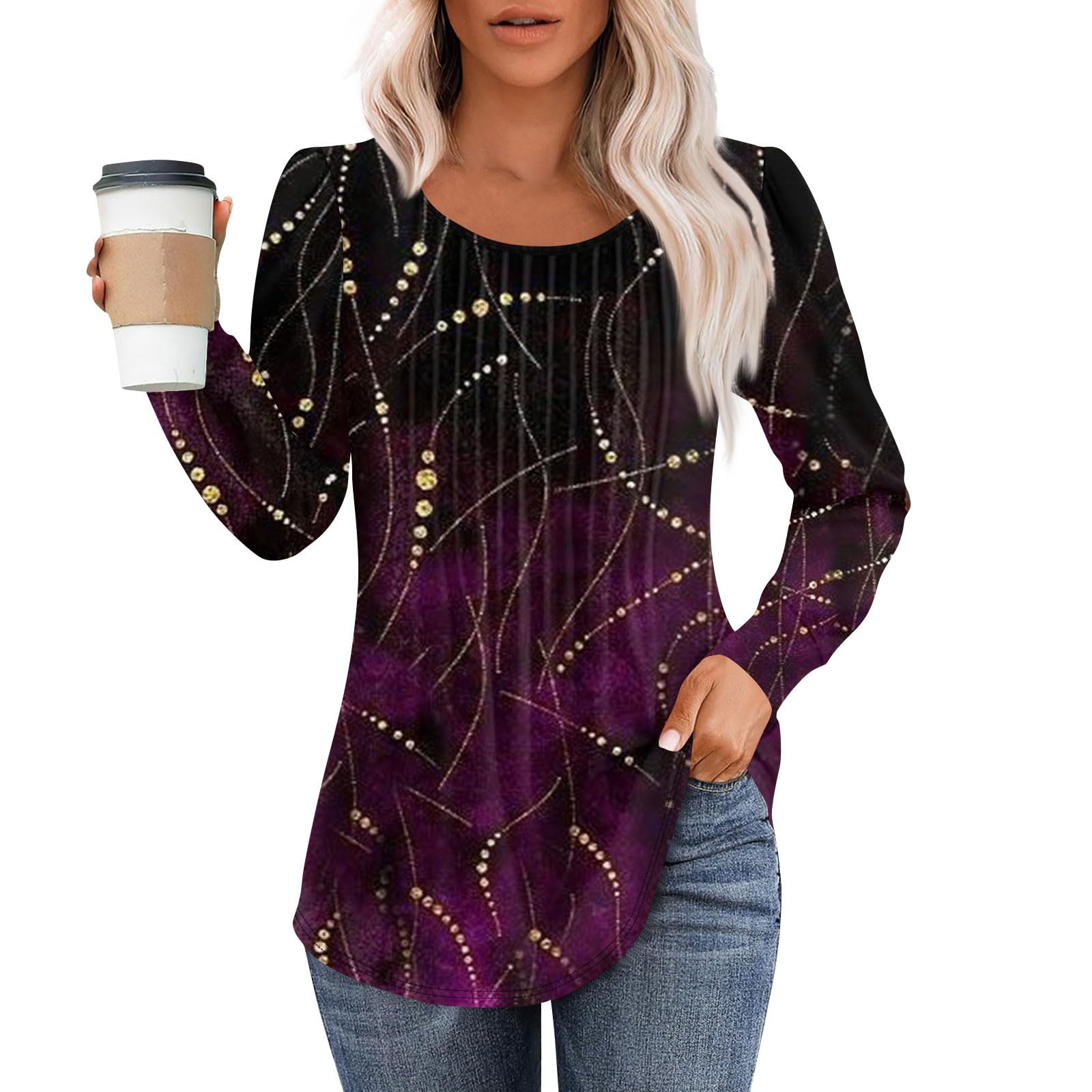 Long Sleeve Tunic Tops For Women Loose Fit 2025 Pleated Shirts Dressy Casual Scoop Neck Floral Blouse Plus Size Tees