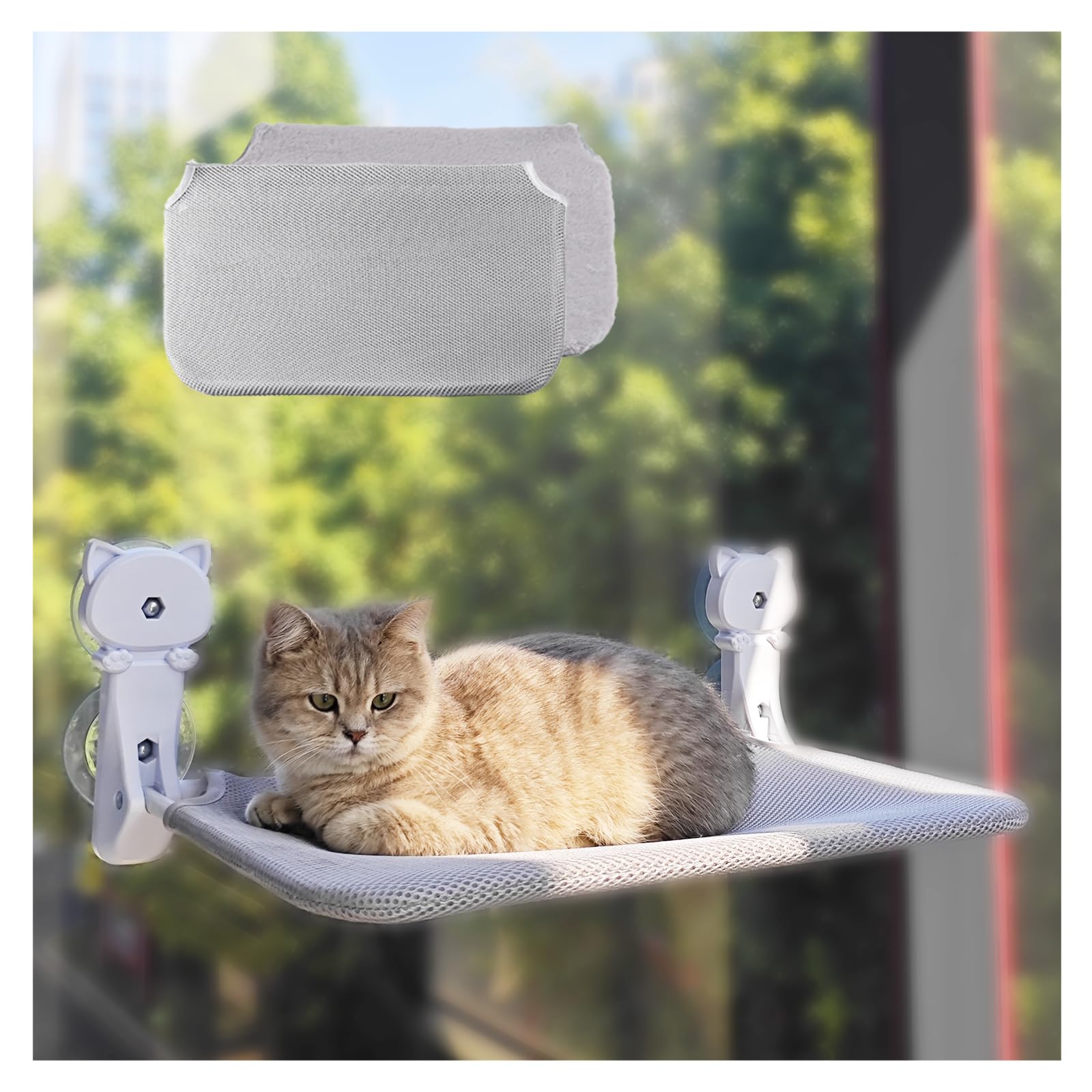 【2025年新モデル】petstay 猫ハンモック 強力な吸盤式 猫 窓用 ハンモック 猫窓ベッド 折畳み式 耐荷重約15kg 室内飼いの猫・大型猫・肥満気味の猫用 ウィンドウベッド ファスナー式 洗濯可能 手入れが簡単 取り付け簡単 工事不要 穴あけ・接着剤不要 オールシーズン対応 日光浴 ストレス解消 日本語説明書付き (グレー, 大(52×30cm・メッシュ×1 + フリース×1))