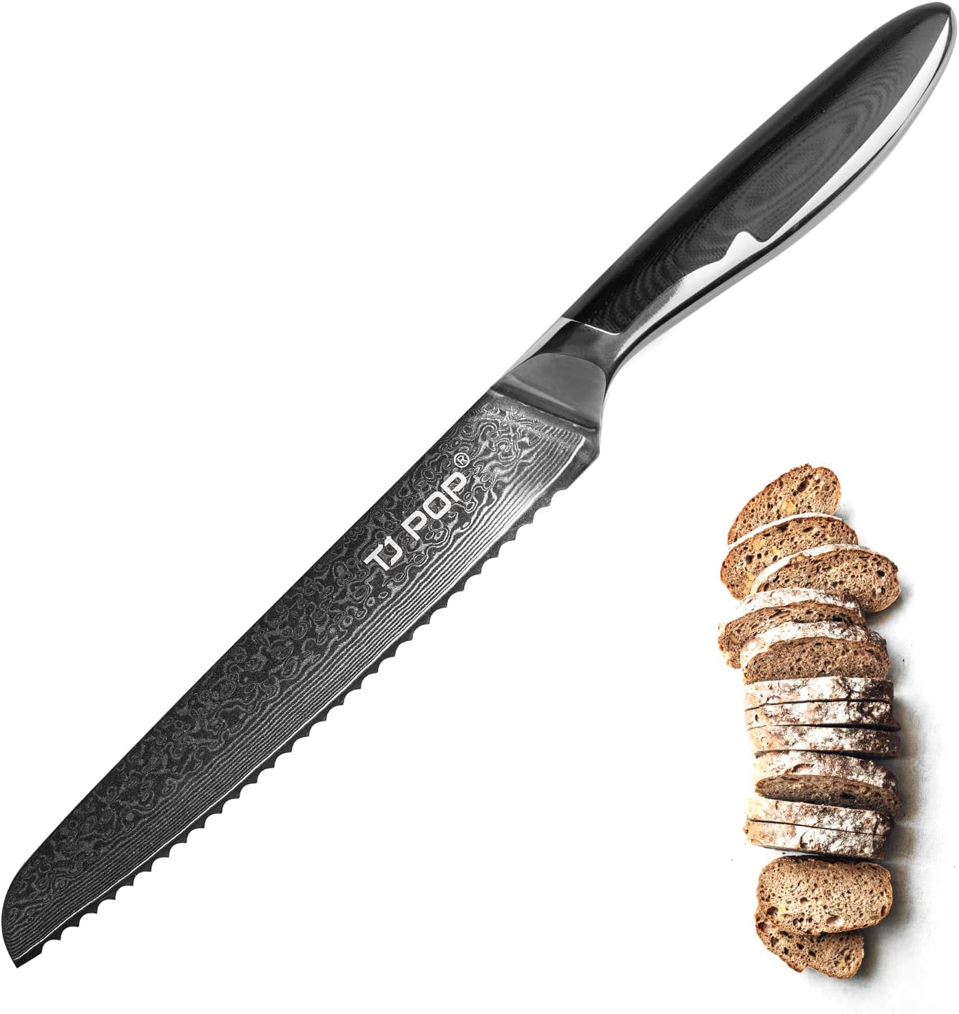 TJ POP Damascus Bread Knife 8 Inch, Professional Serrated Knife, Ultra Sharp Bread Cutter, Full-tang Designed, Japanese VG-10 Steel Blade, Comfort Grip Non-slip G10 Handle