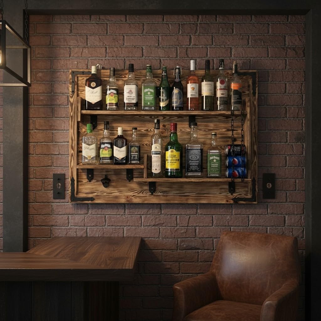 Weeco Estantería de Madera para Colgar en Casa, Hecha a Mano, Estilo Rústico, para Pared, Bar, Botellero, Regalo para Hombres, Cuadro 3D