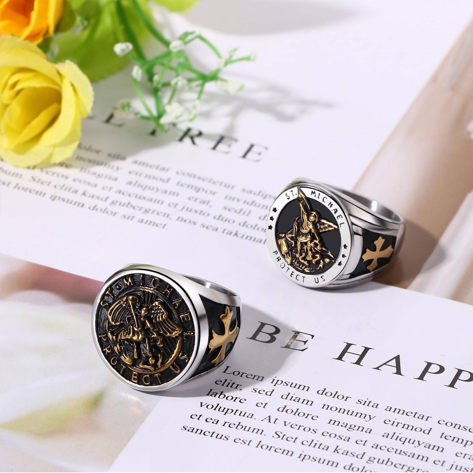 OIDEA Anillo San Miguel Hombre: Juego de Anillos Sello de San Cristóbal de Acero Inoxidable Ángel de la Guarda Joyas Amuleto Religiosas Tallas 17 a 30 - Para Rezar Uso Diario Regalo