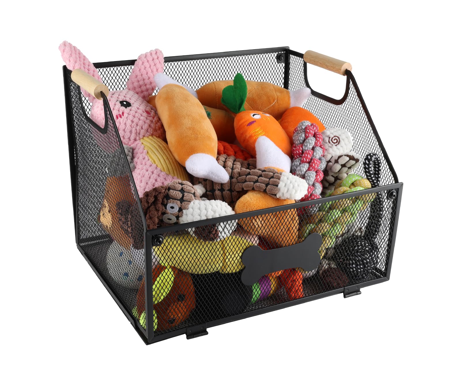 Brabtod Metal Dog Toy Basket Collapsible,Mesh Wire Pet Toy Basket,Trapezoidal Cat Toy Bin with Wooden Handles,Dog Storage Organizer,Ideal for Pet