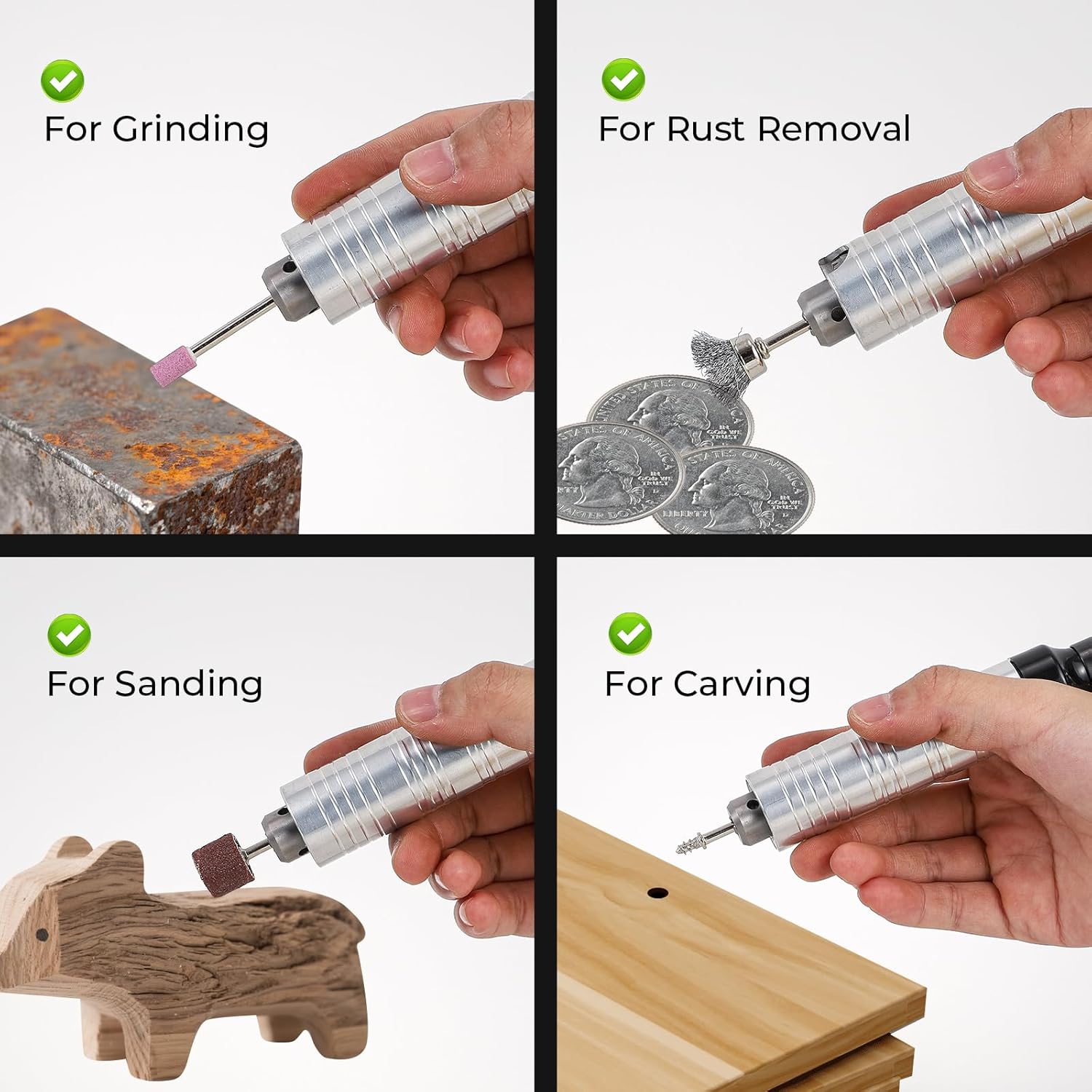 Flexible shaft applications for grinding, rust removal, sanding, and carving