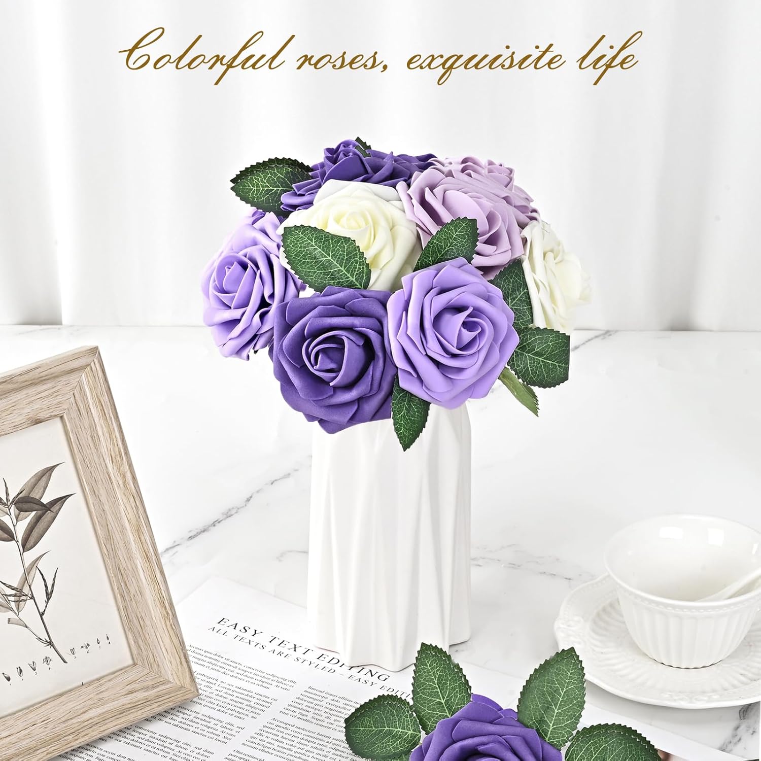 BLEUM CADE 16Pcs Artificial Flowers Fake Roses with Stems, Gradient Purple Boxed Foam Roses for DIY Bouquets Centerpieces Wedding Party Arrangement Bridal Shower Decor - Image 5