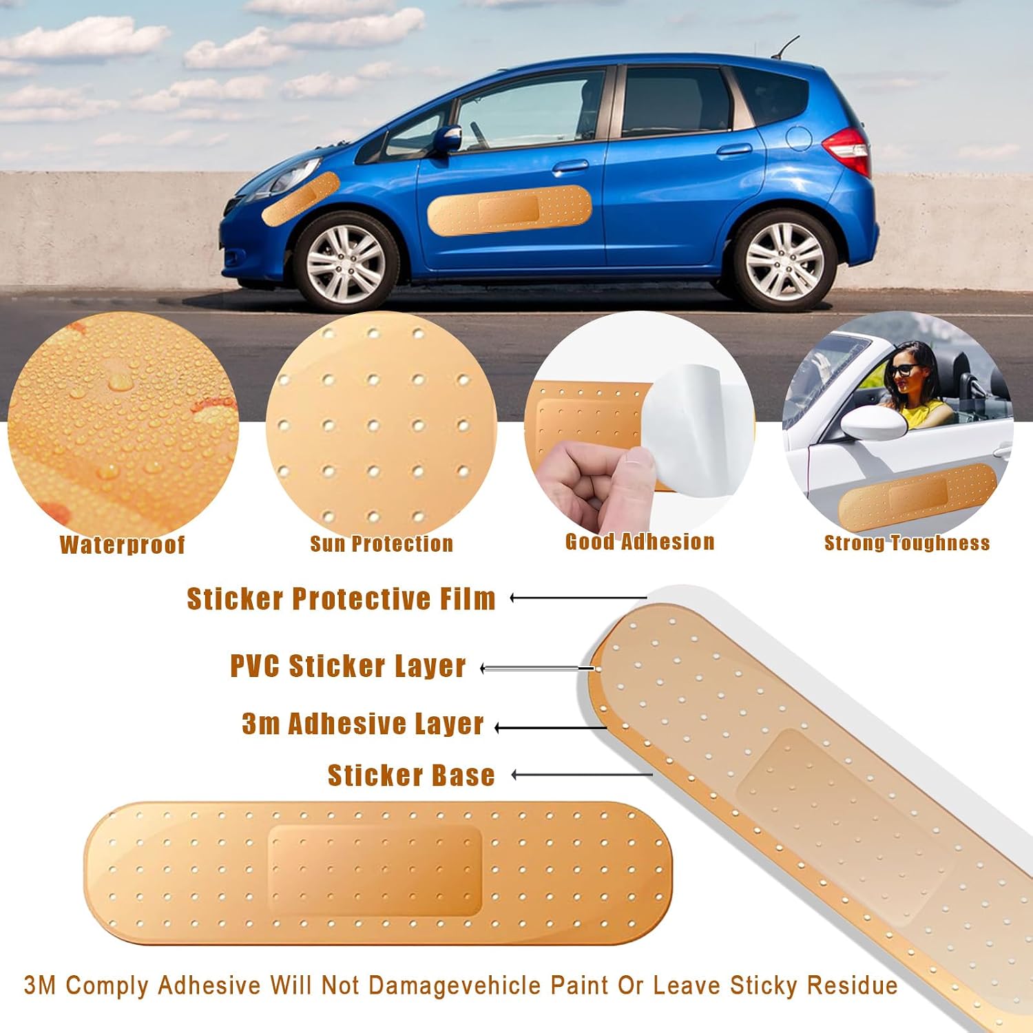4Pcs Giant Band Car Aid Sticker Funny Bumper Stickers to Cover Crack, Damage, Scratch and Dent(Yellow, 2 Small and 2 Large), Big Bandage Car Decal Patch for Vehicle Body, Automotive Decor Accessories