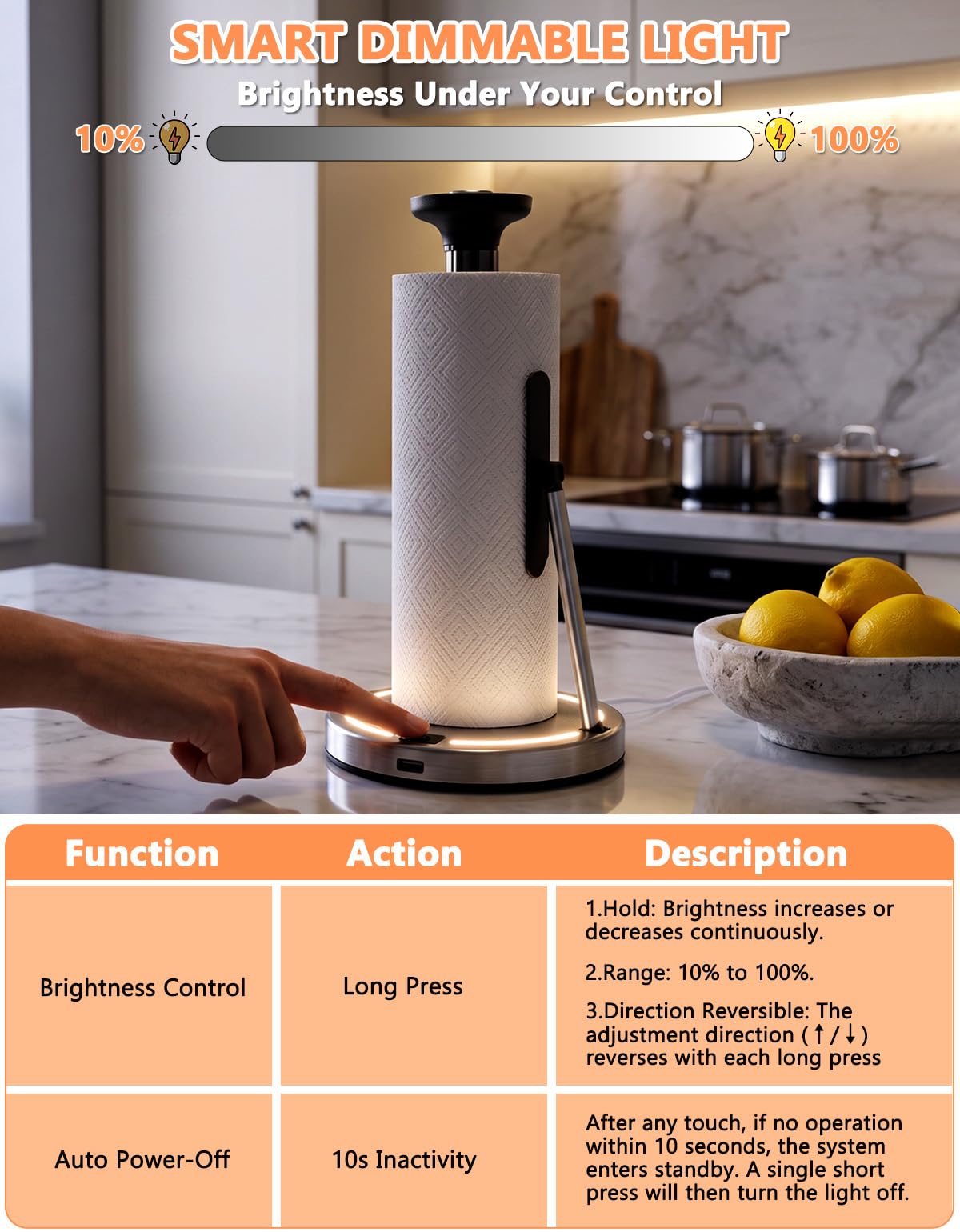 YUET Portarotolo da cucina autoportante, in acciaio inox, con LED, impermeabile e antiruggine, base resistente con ventosa