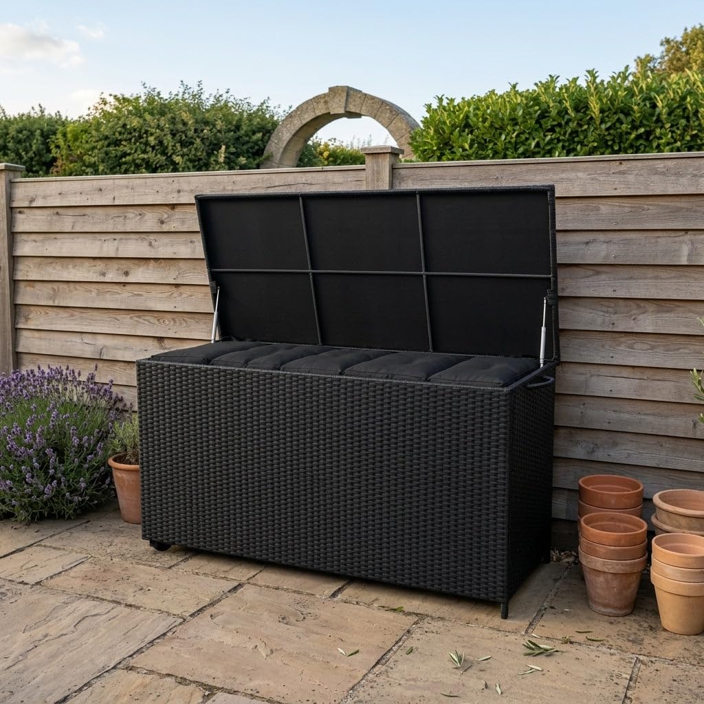 Coffre de Rangement Jardin Extérieur 700 L en Rotin Noir Résistant Aux Intempéries Doublure Zippée Rangement de Coussins Serviettes Jouets Meuble de Jardin Terrasse Cadre en Acier Verin en Gaz