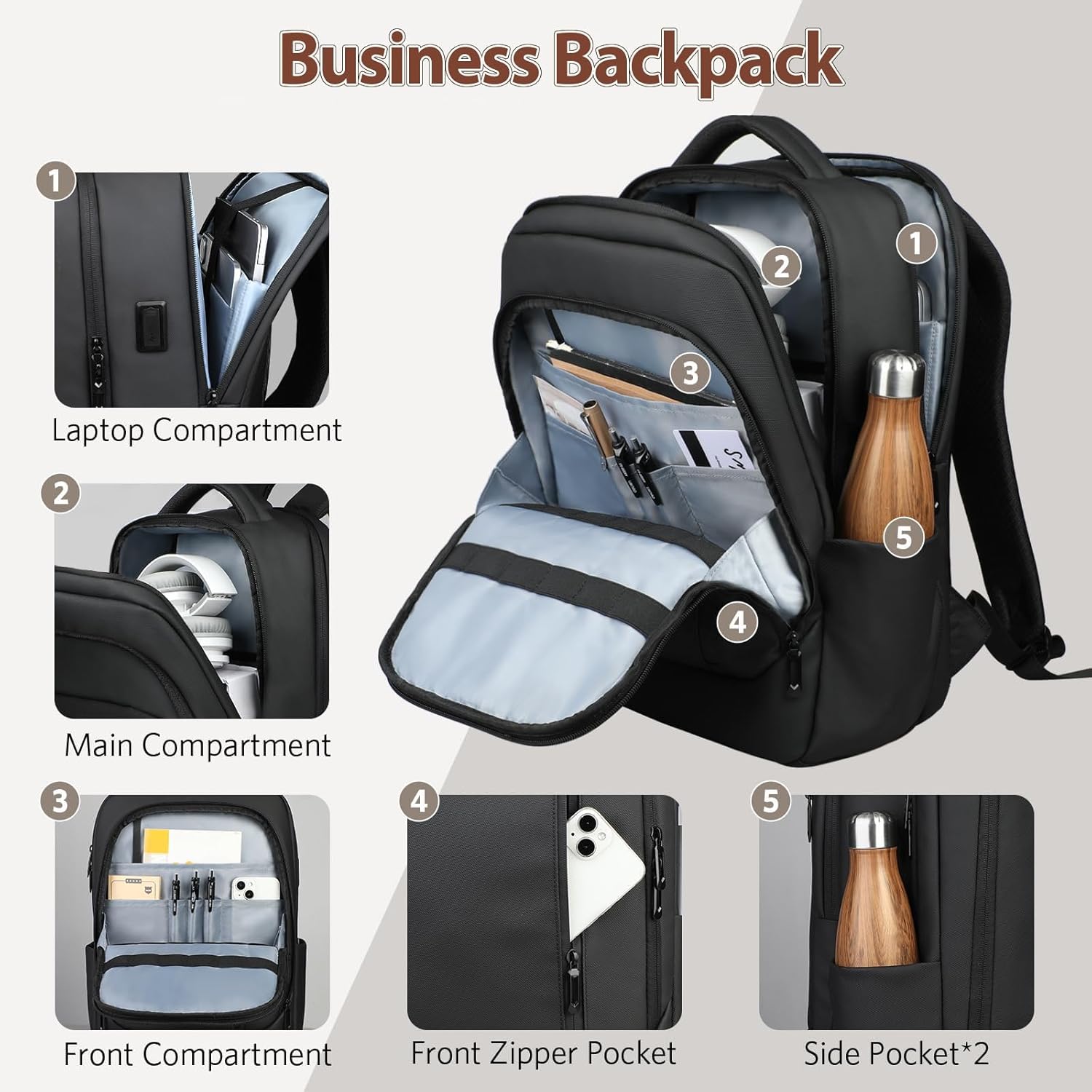 17-Inch Laptop Backpack for Men & Women, 25L Business Work Backpack with USB Charging Port, Water Resistant Computer Bag with Anti-Theft Pocket for Travel Office Daily– Black