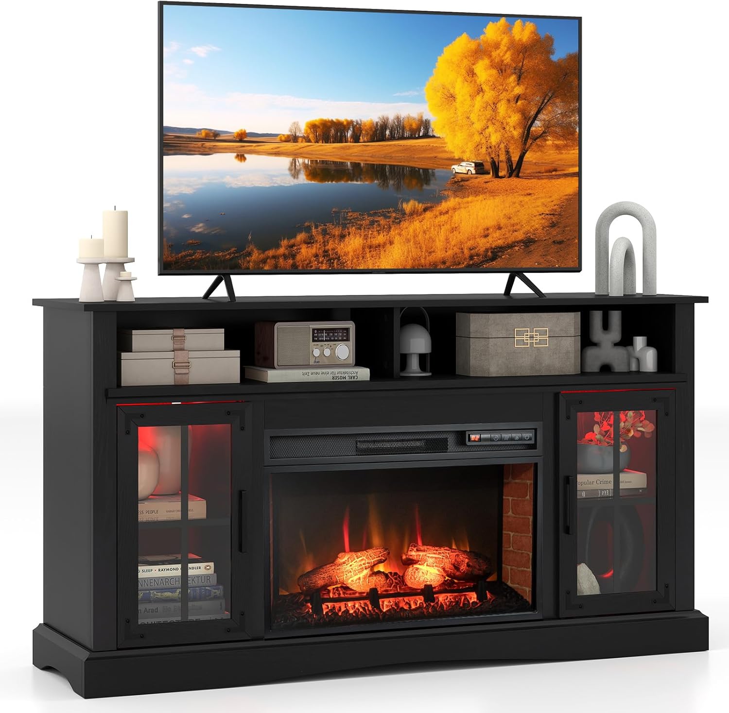 GOFLAME Fireplace TV Stand with Remote Controls and Thermostat, LED Light Entertainment Center with Storage Cabinets and Adjustable Shelves, Media Console Table for TVs Up to 65”, Black