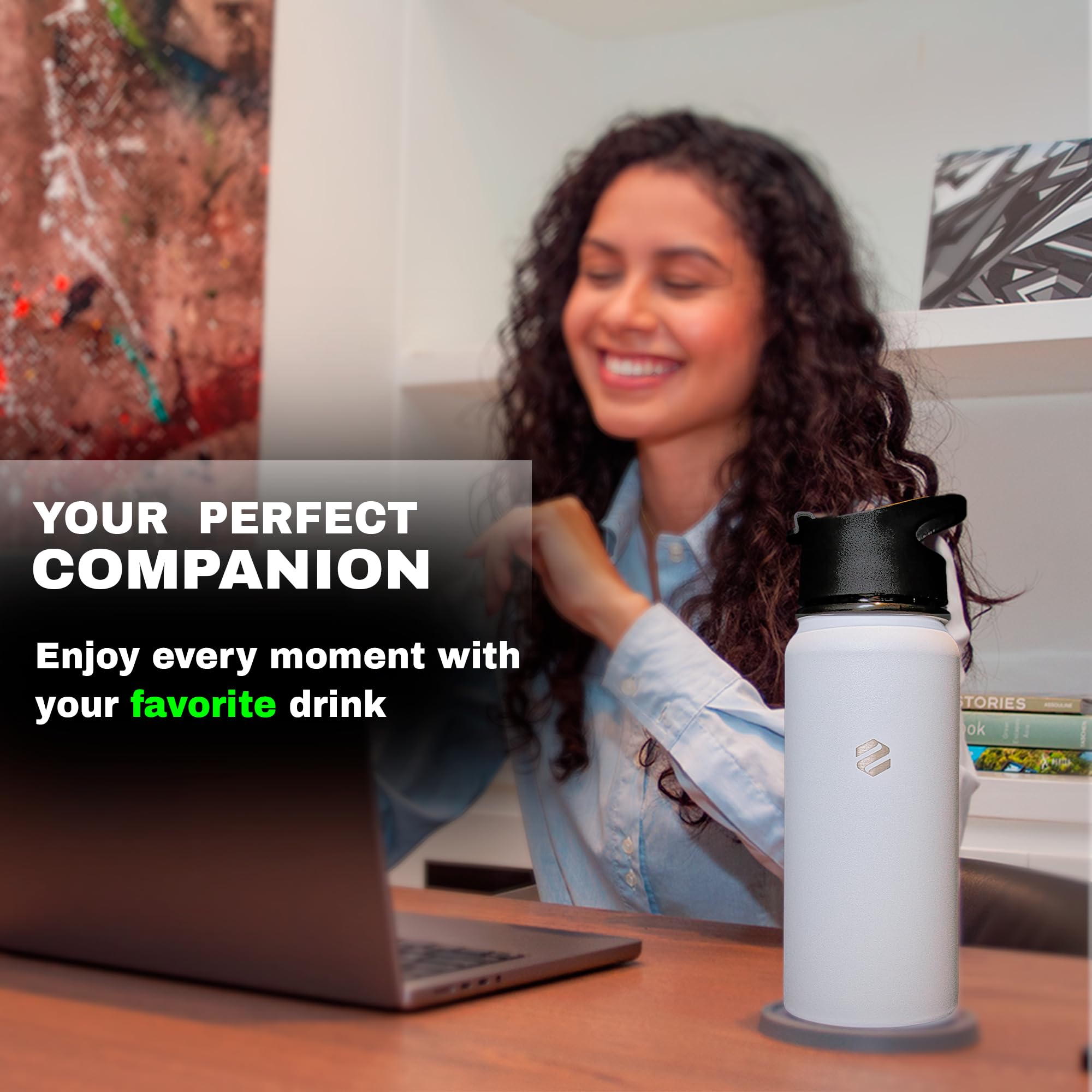 Botella de agua aislada de 20 onzas, 2 tapas e infusor de té, mantiene las bebidas calientes 12 horas y frías 24 horas, acero inoxidable, sin BPA, a prueba de fugas (blanco)
