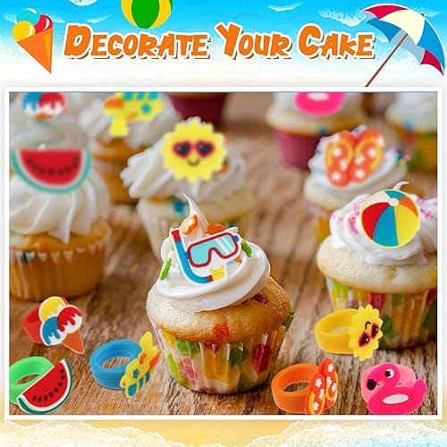 Miniatura 5 de Wettarn 48 anillos tropicales para cupcakes, decoración de tartas temáticas de playa de verano, decoración de tartas hawaianas con flamenco, sandía,