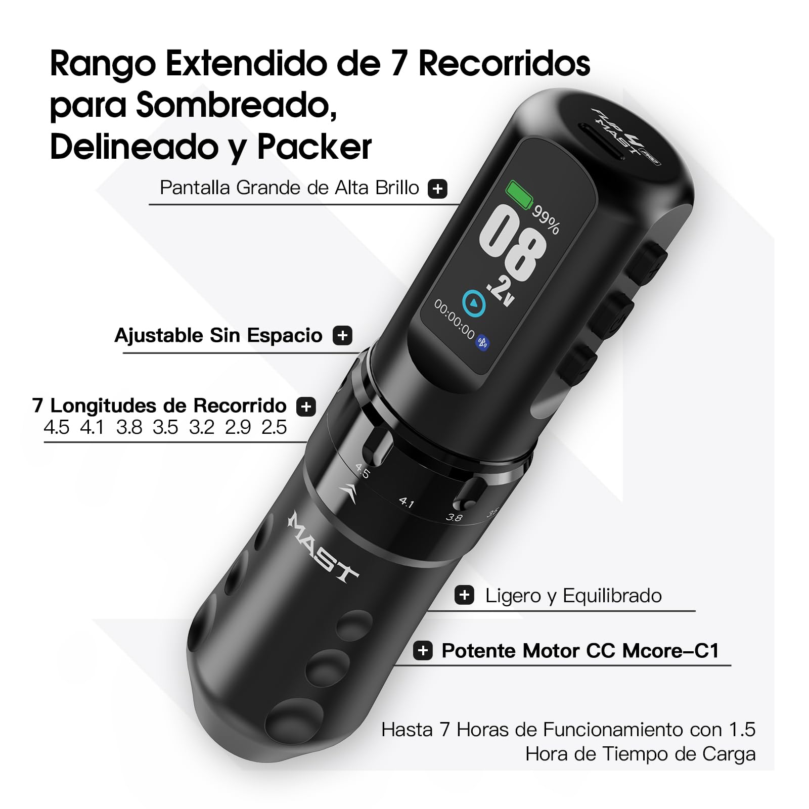 Mast Tattoo Flip4 Pro Máquina de Tatuar Inalámbrico - 7 Carreras (2.5-4.5mm) - 2 Pieza Batería 2000mAh - Para Principiantes y Profesionales Negro