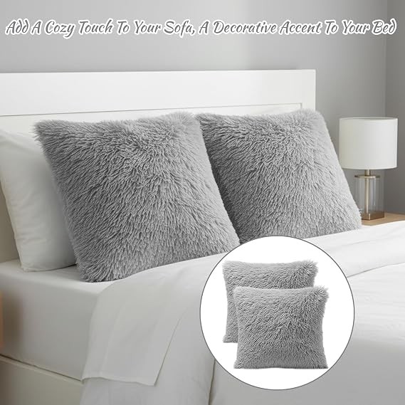 2 Pack Grey Cushion Covers, Fluffy Cushions, Faux Fur Cushion Covers, Soft and Cozy, 43x43cm, for Living Room, Bedroom, Sofa