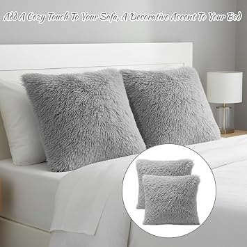 2 Pack Grey Cushion Covers, Fluffy Cushions, Faux Fur Cushion Covers, Soft and Cozy, 43x43cm, for Living Room, Bedroom, Sofa