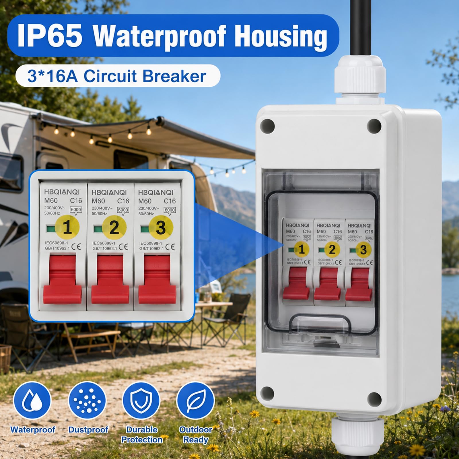 Adapter CEE 32 A na 16 A - 5P 380 V wtyczka CEE na 3 X 220 V Schuko - IP65/IP54 wodoszczelne gniazdko elektryczne z 3 x 16 A wyłącznik nadprądowy – rozdzielacz prądu budowlanego
