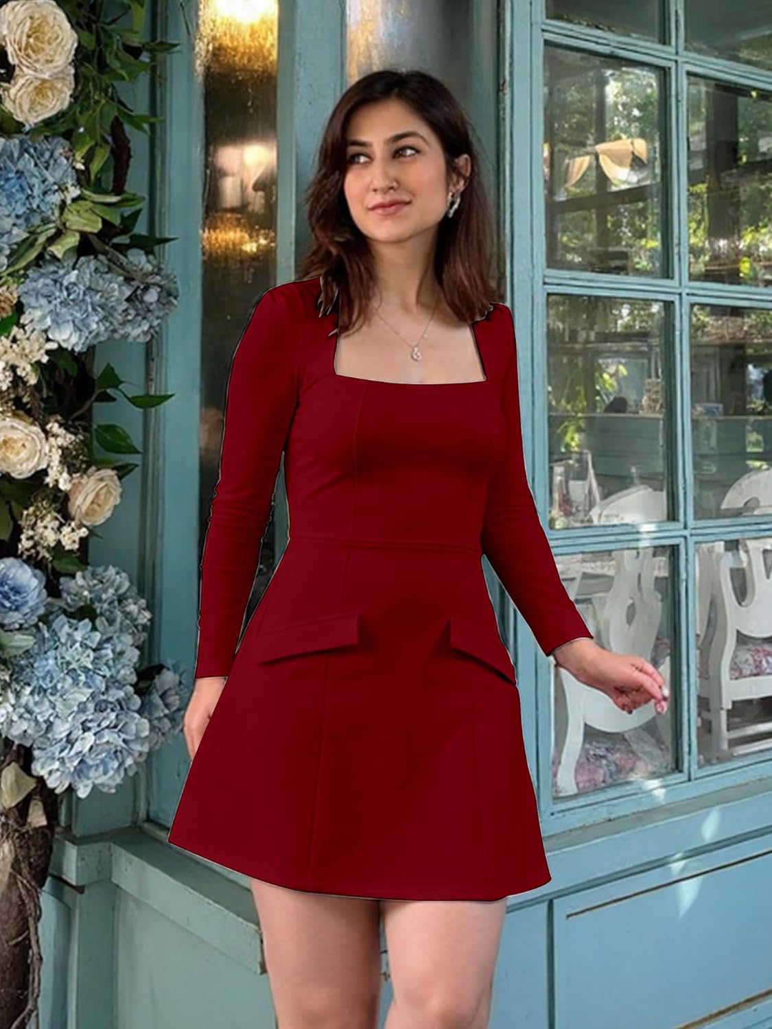 BORIFLORS Women's Fall Square Neck Long Sleeve Mini Dresses Corset Basic A Line Party Short Dress, Medium, Wine Red - Image 3