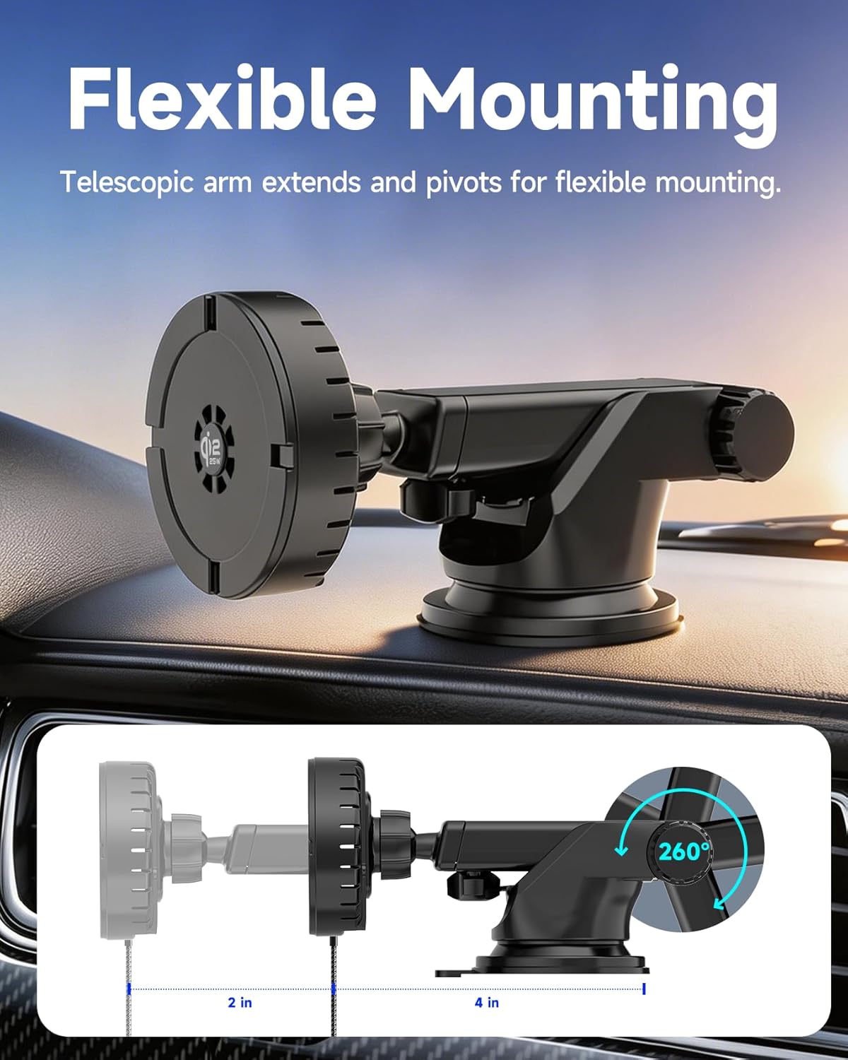 Qi2.2 Certified 25W for MagSafe Car Charger Mount with Cooling Fan & Magnetic Phone Holder for iPhone, 360° Adjustable Fast Wireless Charging for iPhone 17/16/15/14/13, Air Vent & Dash Mount